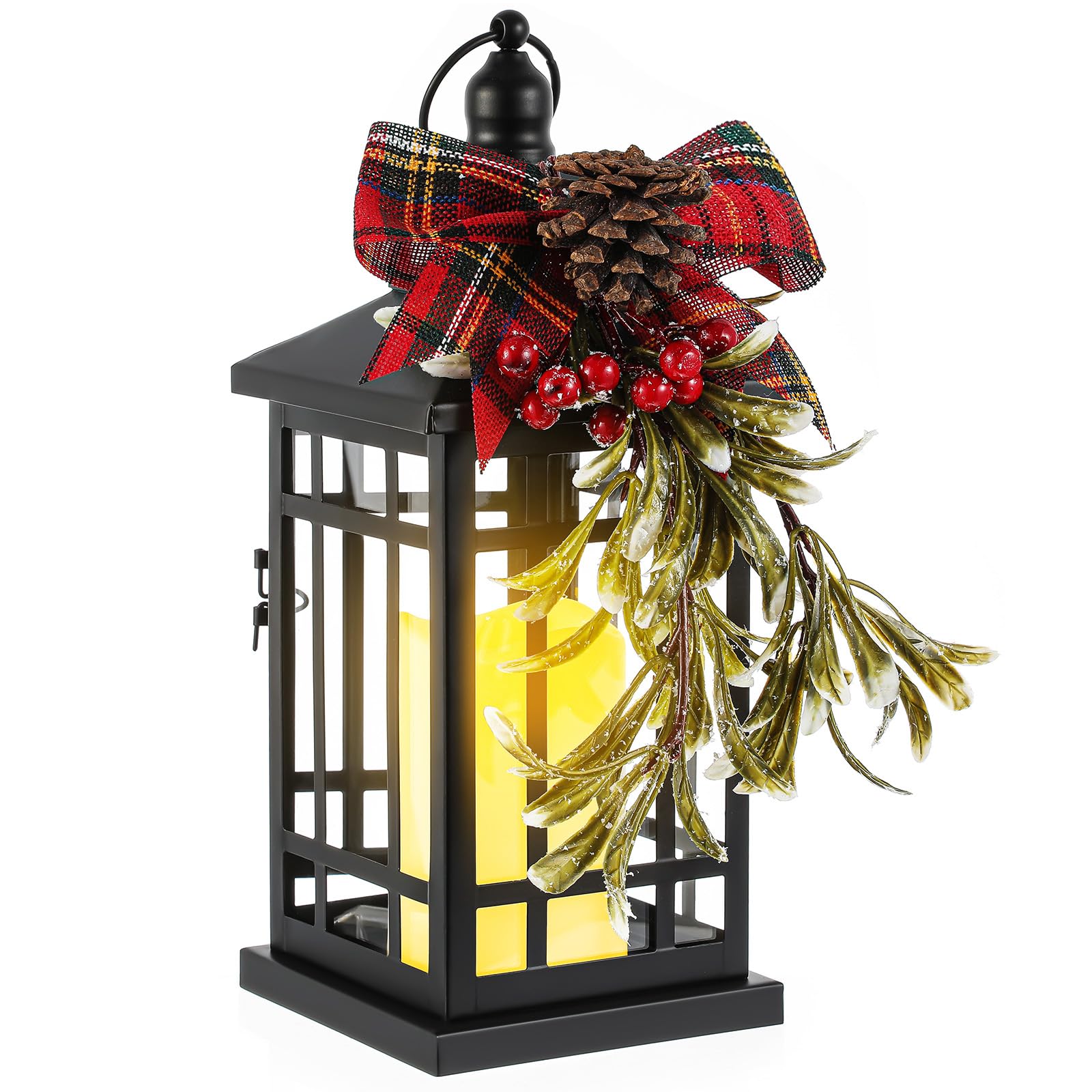 ROCEEI 1 Set Christmas Decorative Lantern Porch Decorations with LED Flickering Flameless Candle 14 Inch Vintage Hanging Lantern