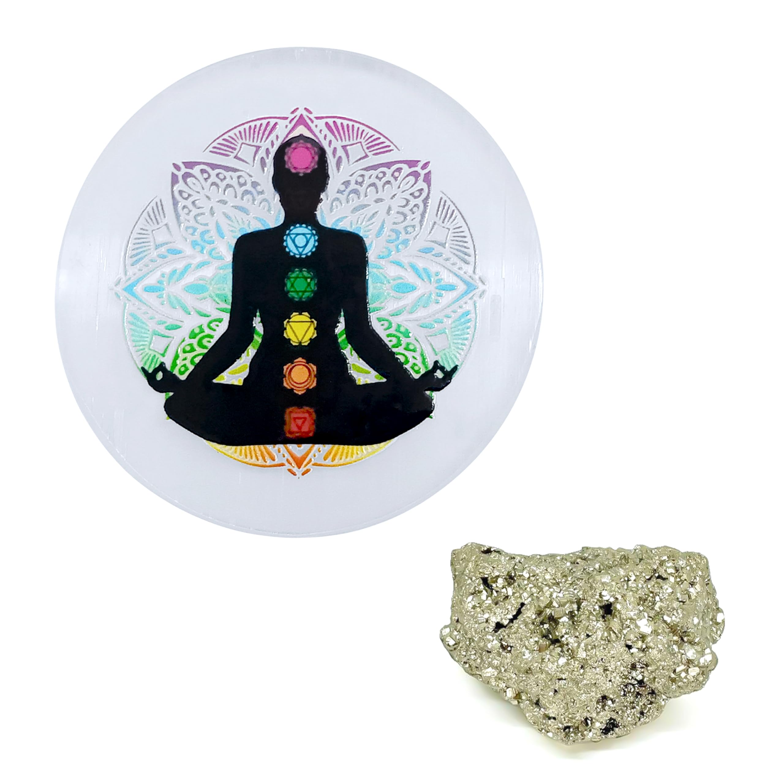 Tree Maison Coronating Homes Selenite Charging Plate - 3 Inch With 10-20 Gram Raw Pyrite Stone | Selenite Plate For Crystal Char