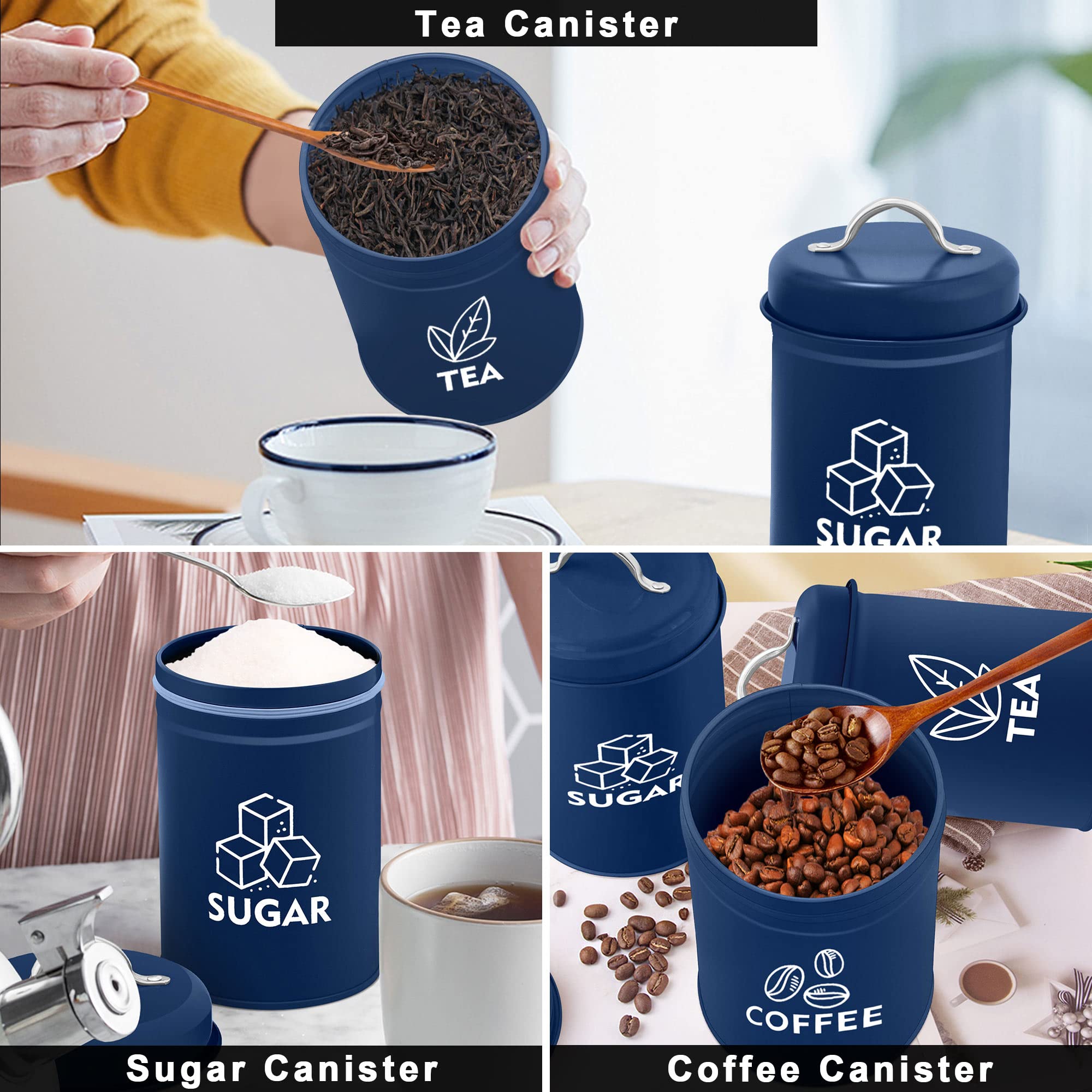 Teamfar Canister Sets For Kitchen Counter, 3 Pcs Kitchen Canisters Set For Coffee Sugar Tea, Navy Blue Metal Farmhouse Decor Sto