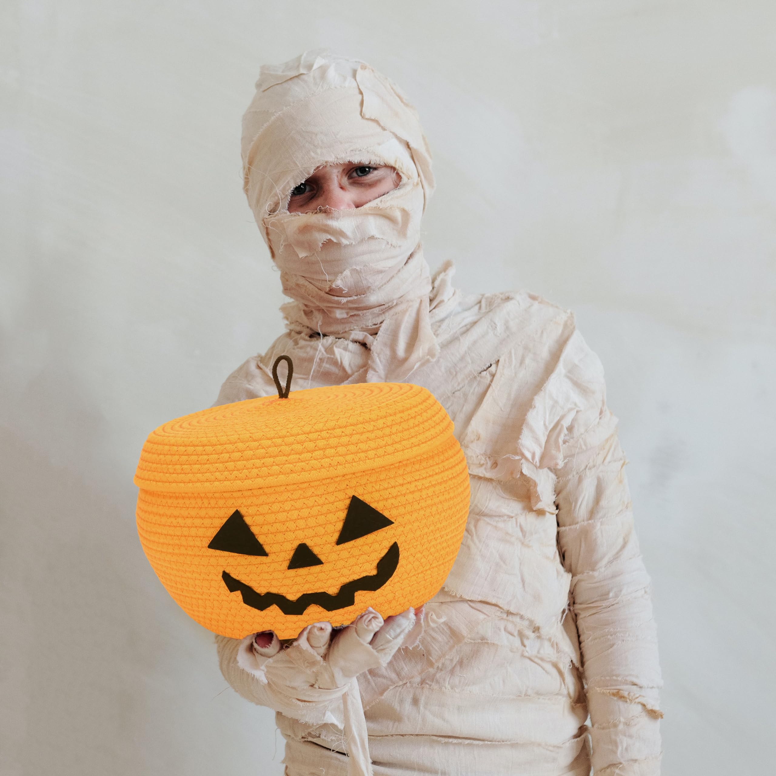 Sea Team Round Cotton Rope Storage Basket with Lid, Halloween Pumpkin Woven Storage Bin, Pot, Caddy, Organizer, Container for Sn