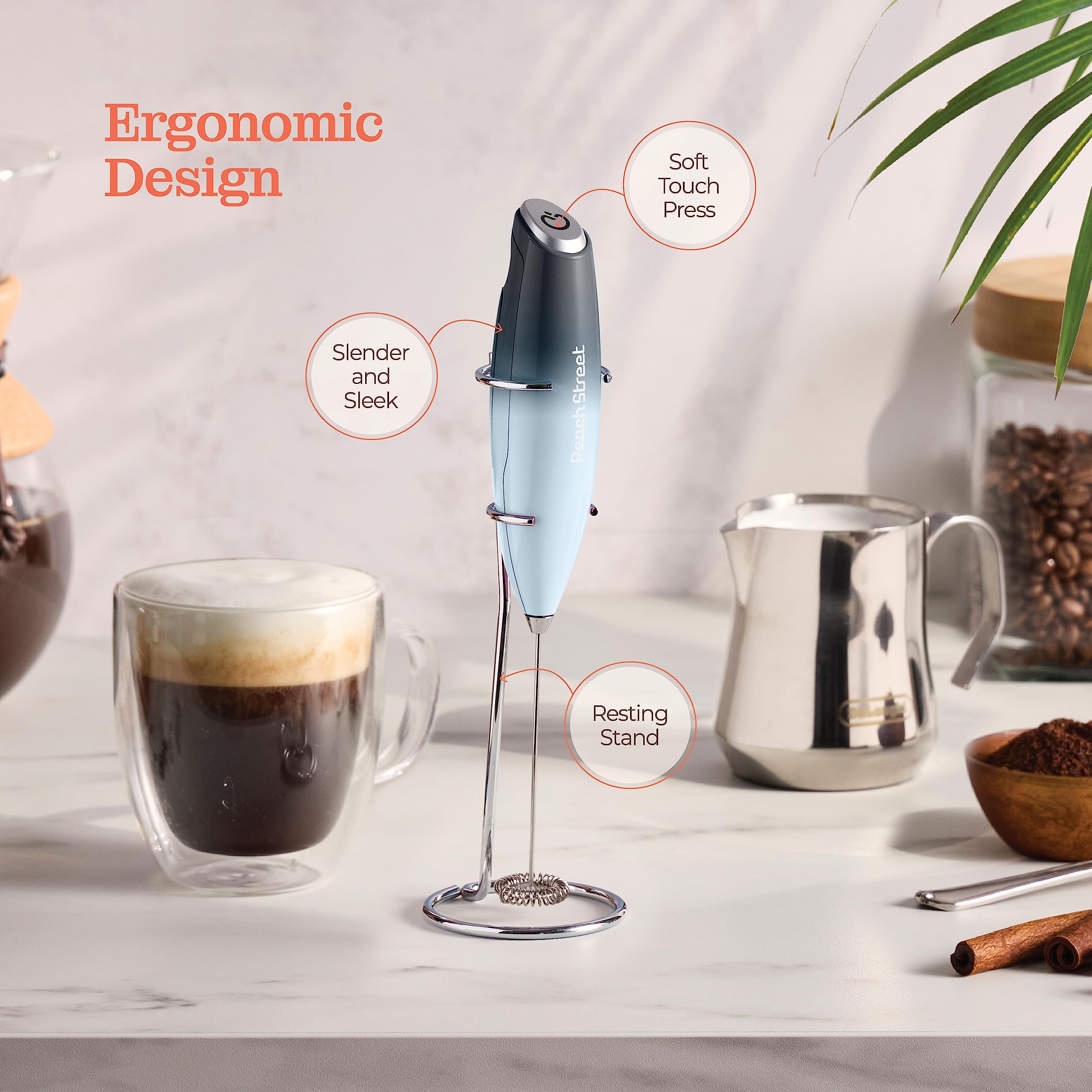 Powerful Handheld Milk Frother  Mini Milk Foamer  Battery Operated (Not included) Stainless Steel Drink Mixer with Frother Stand (Dark Sky)