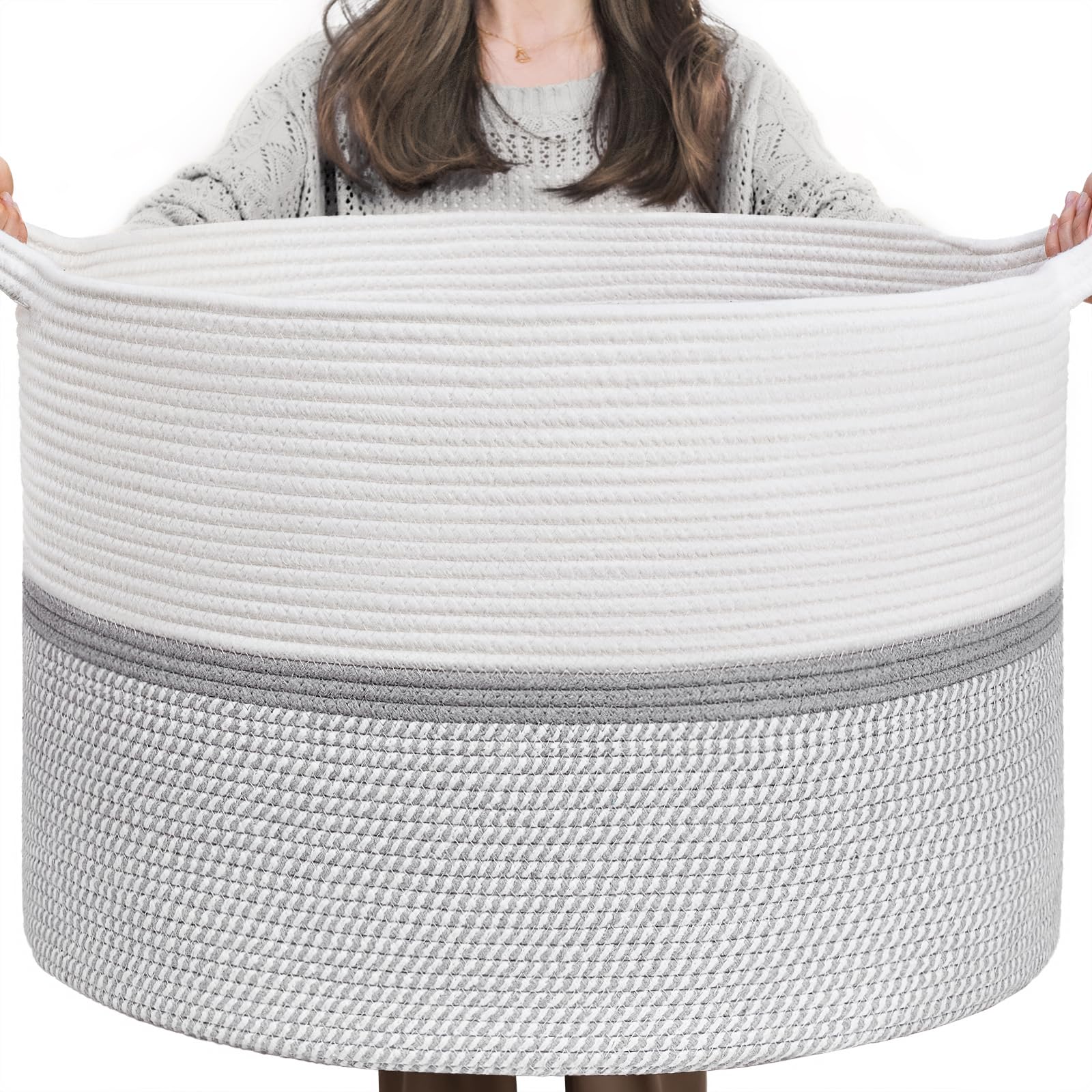 CHICVITA XXL Extra Large Cotton Rope Woven Basket, Throw Blanket Storage Basket with Handles, Decorative Clothes Hamper,22 x 22 