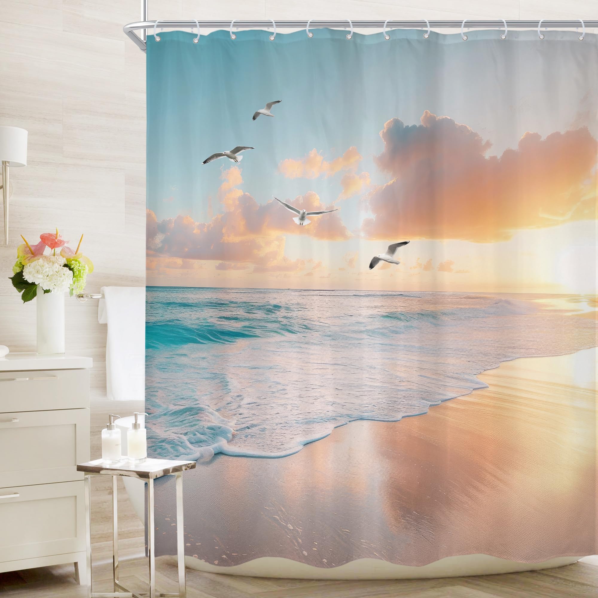 Cinbloo Beach Shower Curtain 60Wx72H Pink Blue Summer Ocean Coastal Sunset Sunrise Hawaii Tropical Bathroom Curtain Seaside Bird