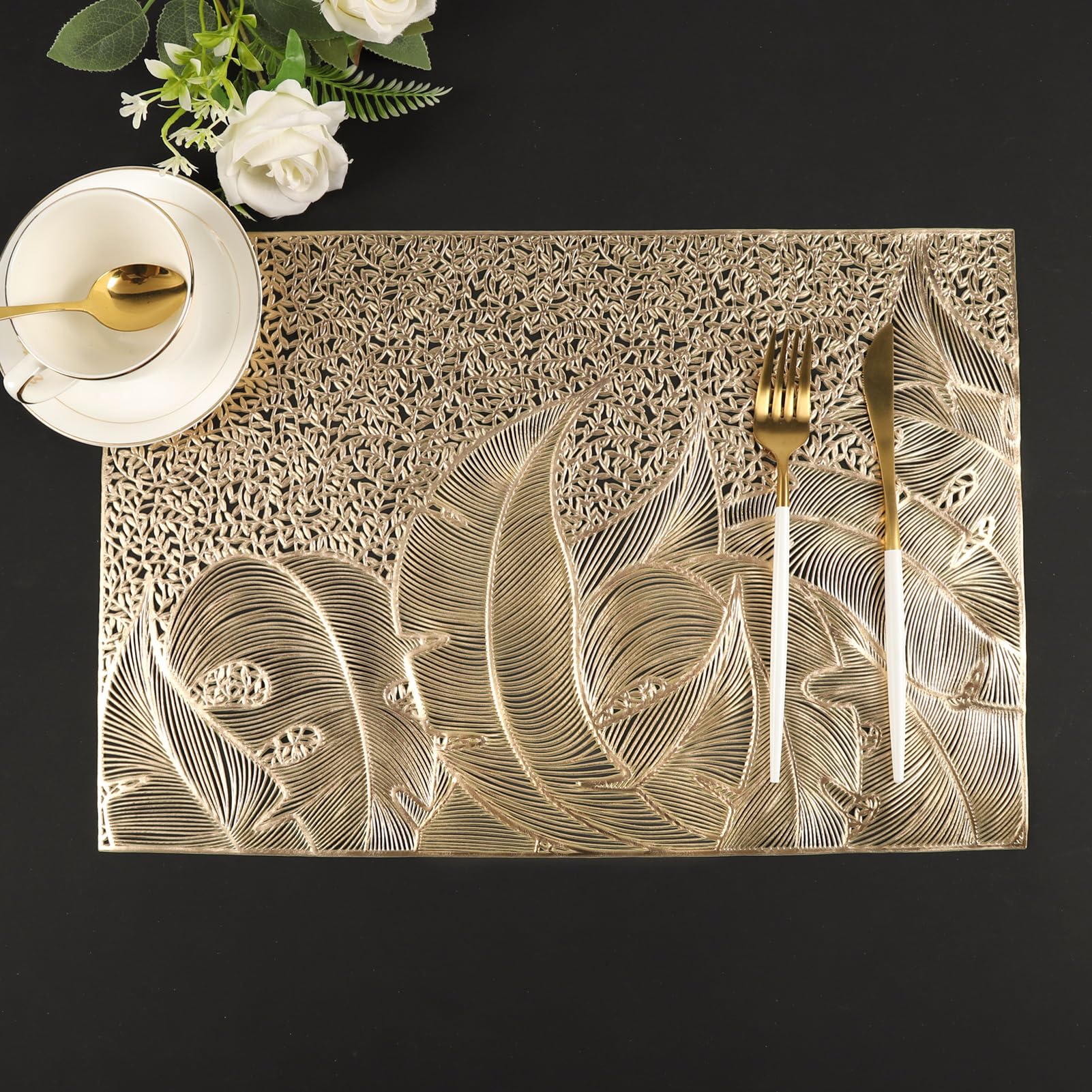 Crisjanggo Gold Placemats Set Of 6, Wipable Rectangular Table Place Mats Bulk Pressed Vinyl Placemats For Party Dining Wedding C