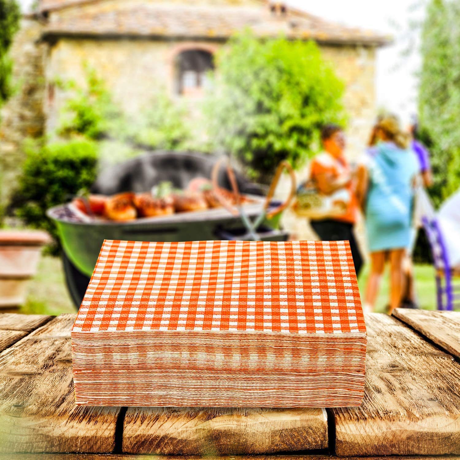 Gatherfun Disposable Paper Napkins 3-ply Orange and White Gingham Beverage Napkins for Dinner  Picnic  Birthday Party(6.5X6.5 in  50-Pack)