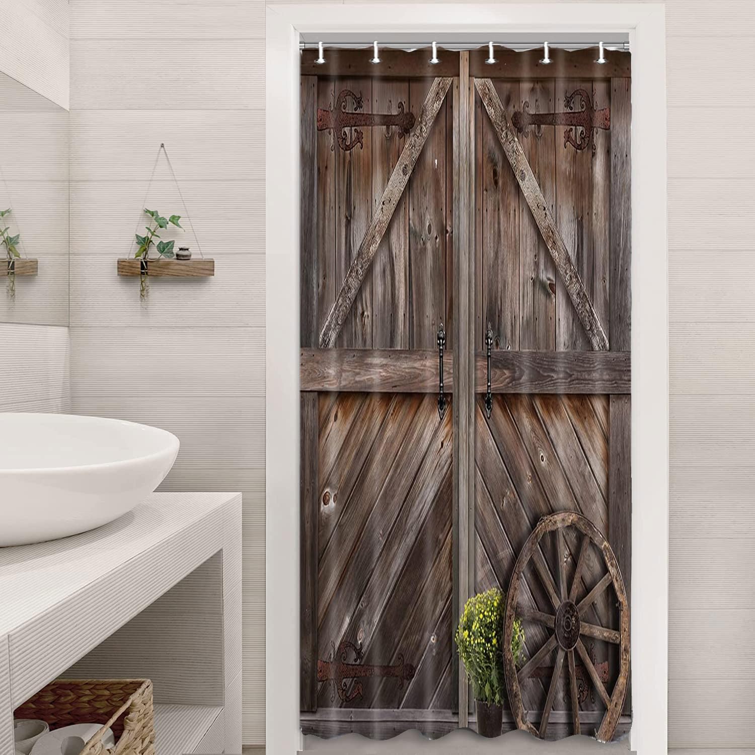 Jipusai Rustic Barn Door Shower Curtains For Stall Cabin, Brown Woonden Board Farmhouse Bath Curtains, Vintage Countryside Rv Sh
