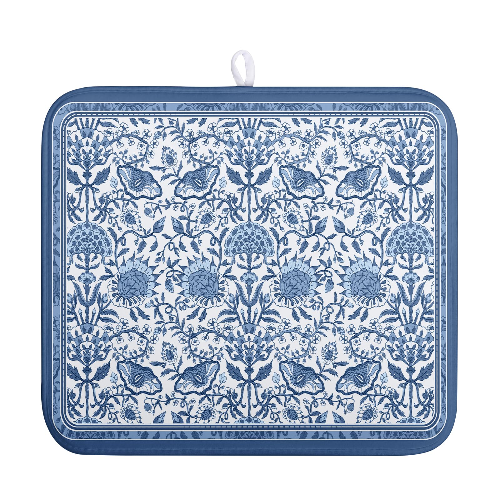 Blue Floral Dish Drying Mat for Kitchen Counter Boho Flowers Dishes Drainer Mats Rustic Farmhouse Microfiber Absorbent Dish Drai