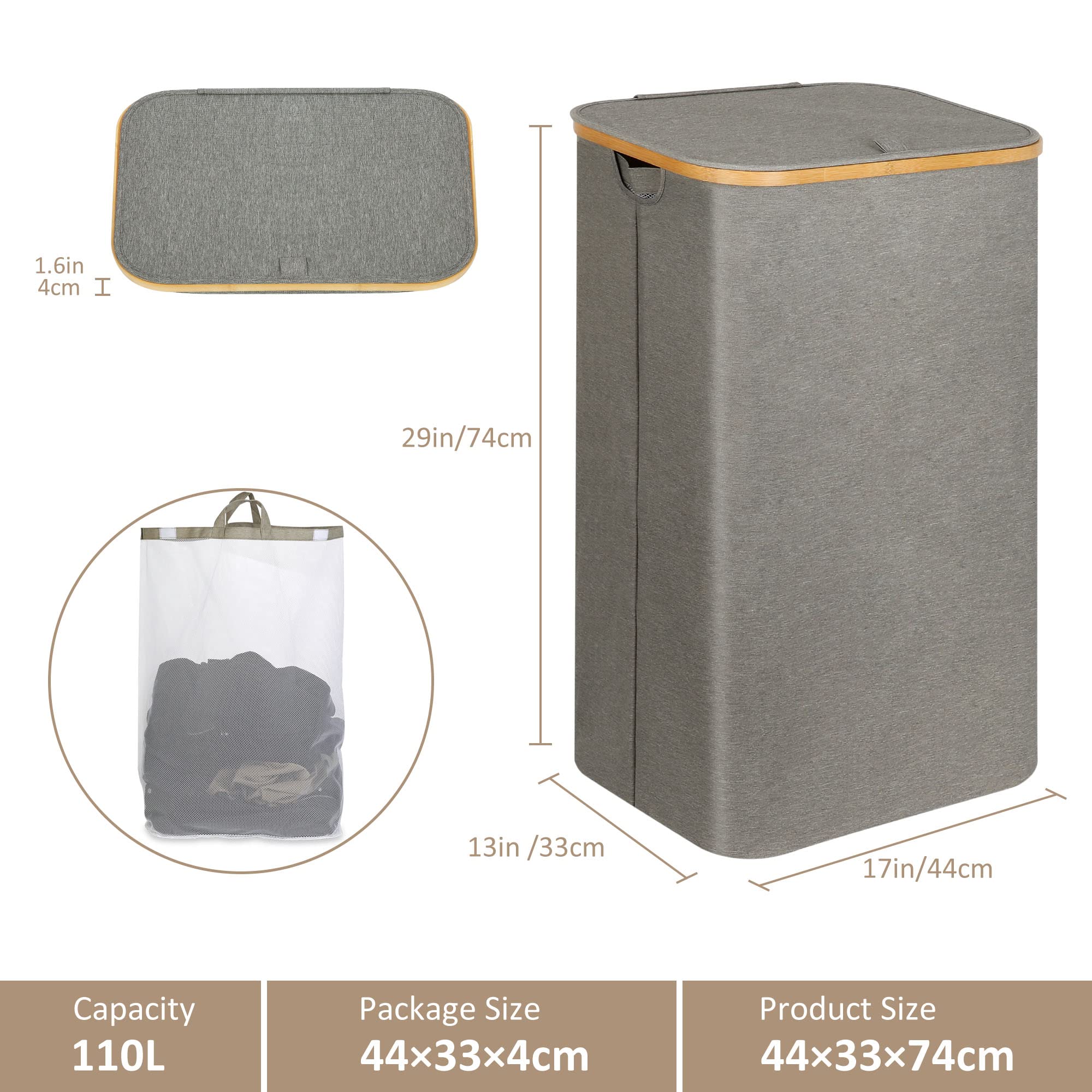 iEGrow Laundry Hamper with Lid  110L Large Laundry Hamper with Handle and Lid  Collapsible Clothes Basket Organizer with Removable Inner Bag for Clothes Toys Towels - Grey