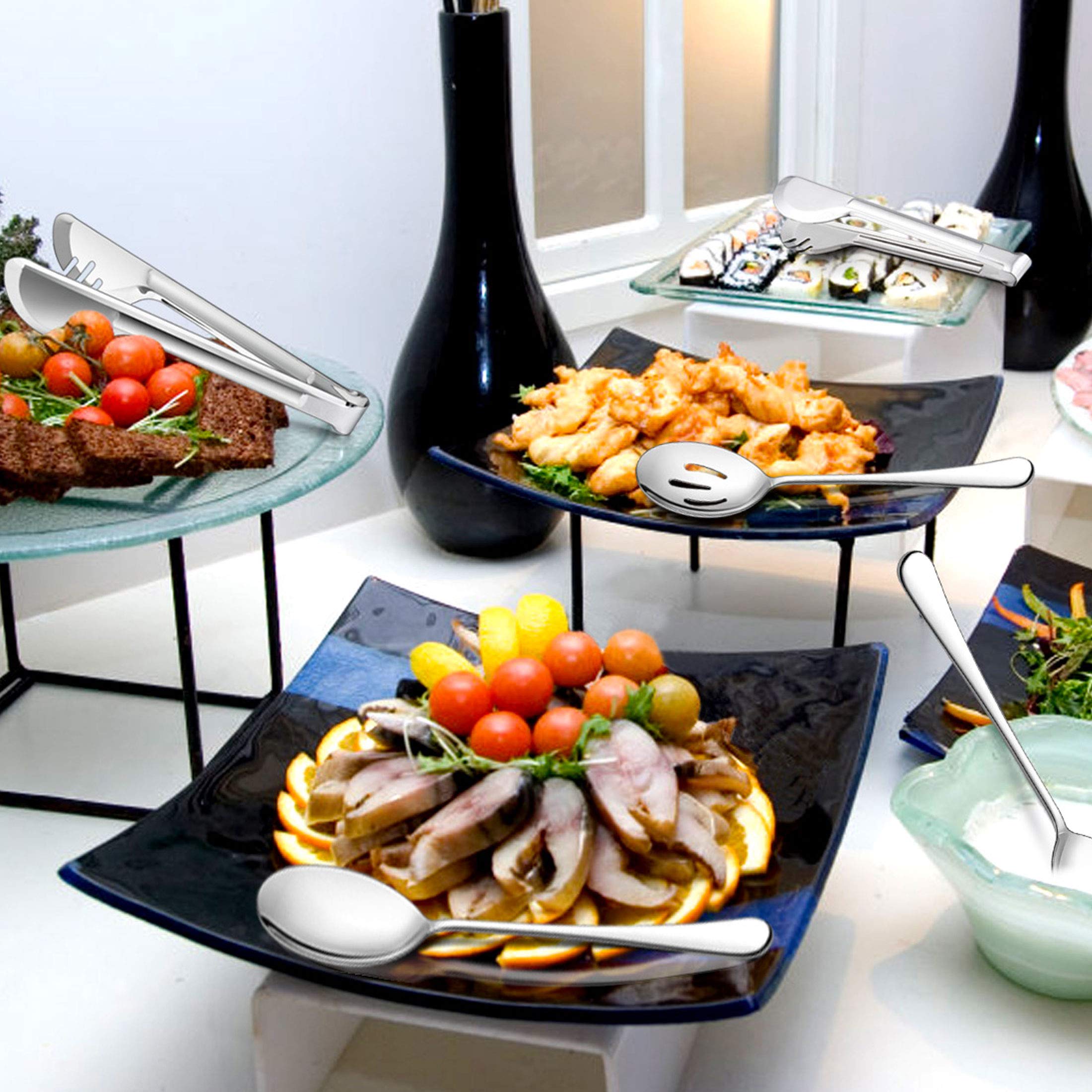 Lianyu 9-Piece Large Serving Utensils Set, 9.8 Inch Stainless Steel Buffet Banquet Catering Serving Spoons Forks And Tongs Set,