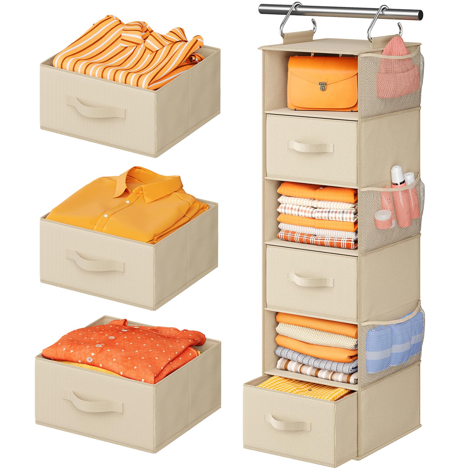 Pipishell Hanging Closet Organizer 6-Shelf  Hanging Shelves for Closet with 3 Removable Drawers & Side Pockets  Hanging Shelf Organizer for Bedroom or Garment Rack  12'' x 12'' x 43.3''  Beige