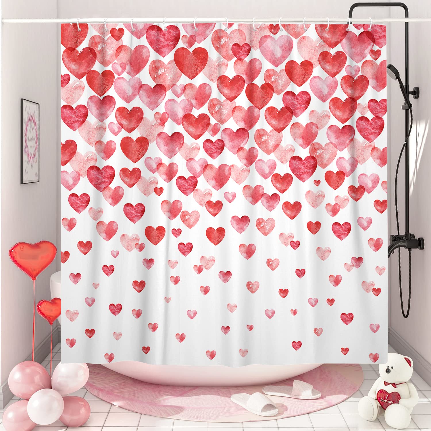 Valentines Day Shower Curtain, Watercolor Red Hearts With Falling Hearts Shower Curtain For Bathroom, Fabric Bathroom Accessorie