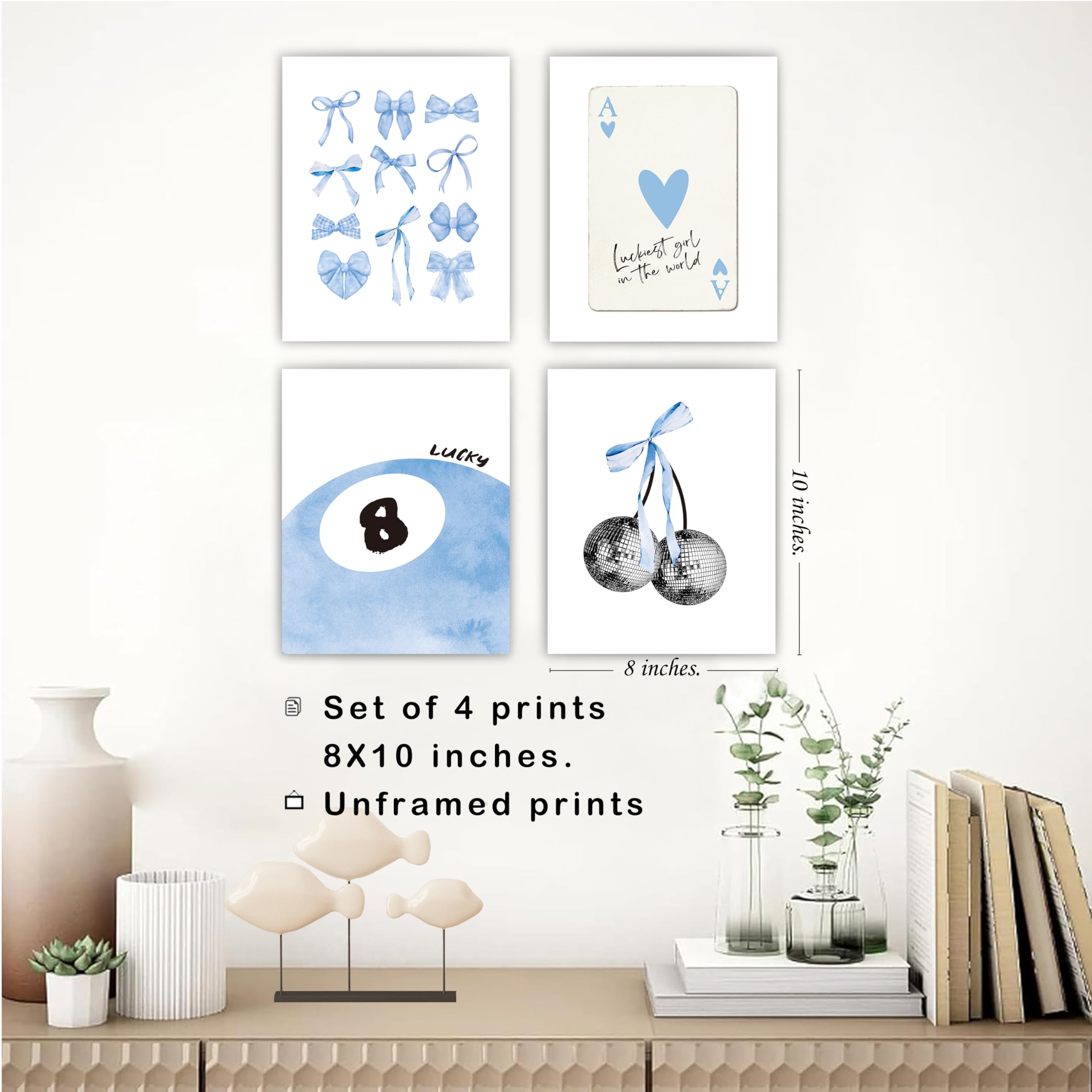 Okaxscm Light Blue Coquette Trendy Preppy Wall Art Prints Set Of 4, Coquette Preppy Room Decor, Blue Bow Disco 8 Ball Cherry Wal