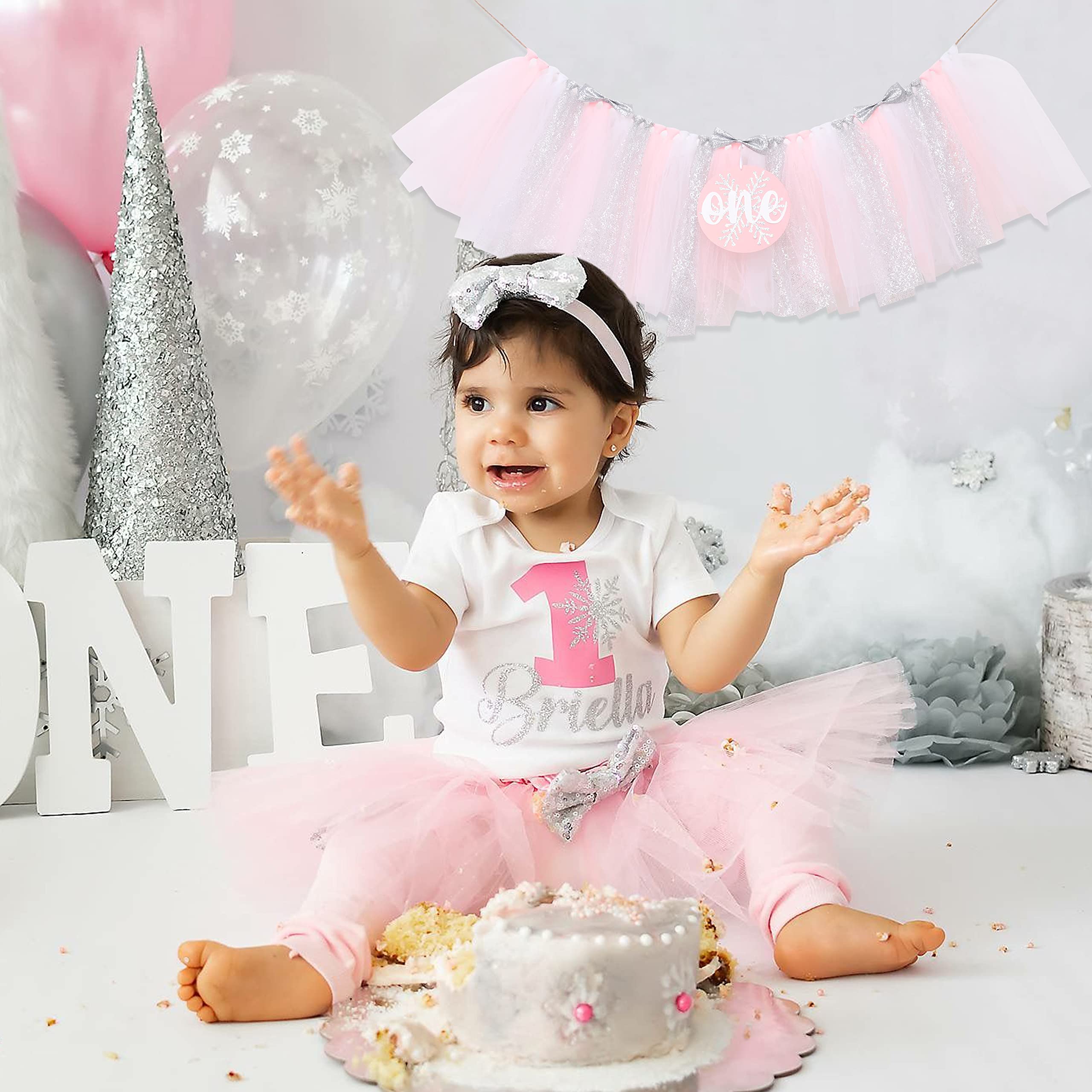 Winter Onederland 1St Birthday Banner Girl - Winter Pink Tutu High Chair, Snowflake First Birthday Decoration, Baby Photo Props,