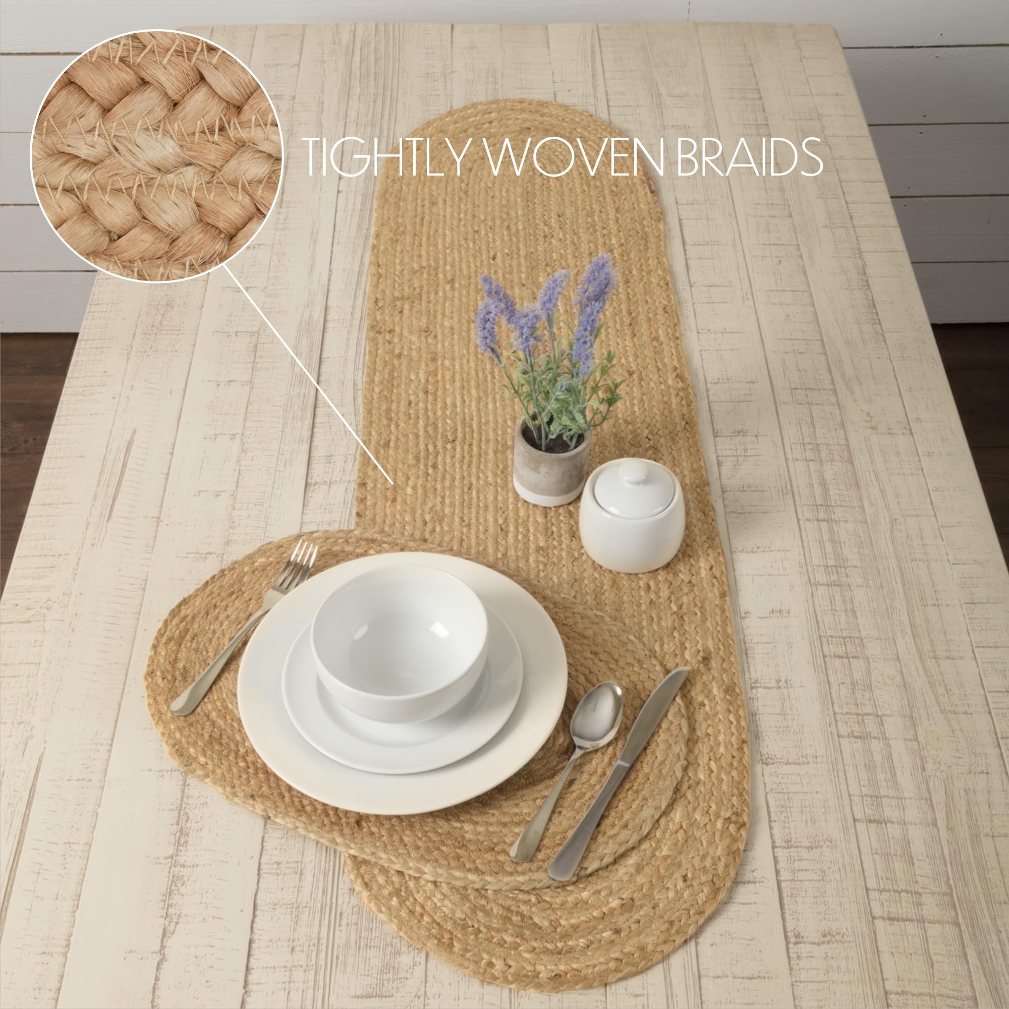 Vhc Brands Farmhouse Boho Coastal Braided Woven Natural Jute Table Runner For Kitchen Dining Room Hot Pad Mat, Natural Tan, Oval