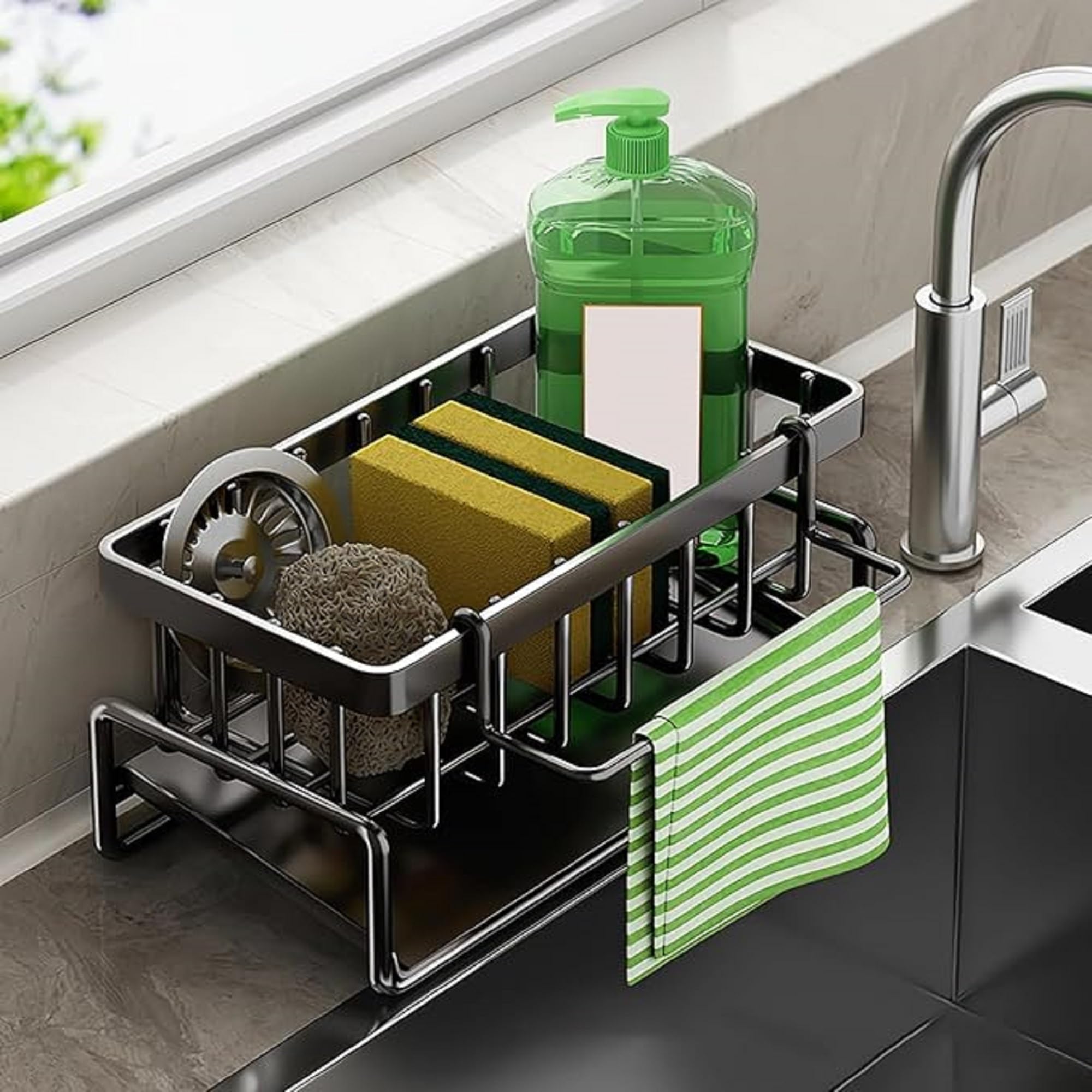 Dholaji Sink Organizer With Drain Tray And Hanging Rod, Carbon Steel Kitchen Storage Rack For Sponges Brushes And Dishwashing Li