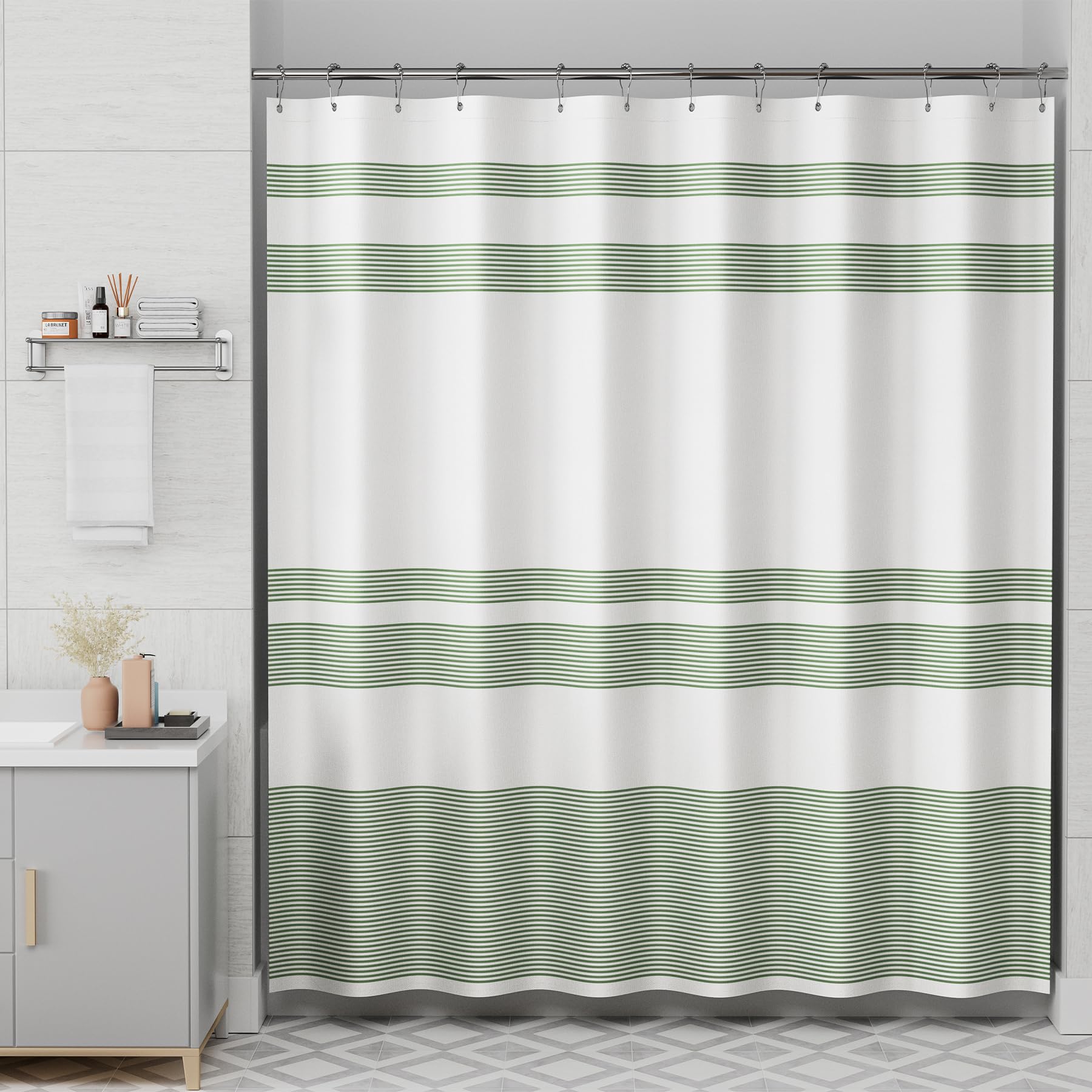 Amazerbath Shower Curtain, Washable Cloth Sage Green Shower Curtain With 12 Shower Curtain Hooks, Fabric Green And White Striped