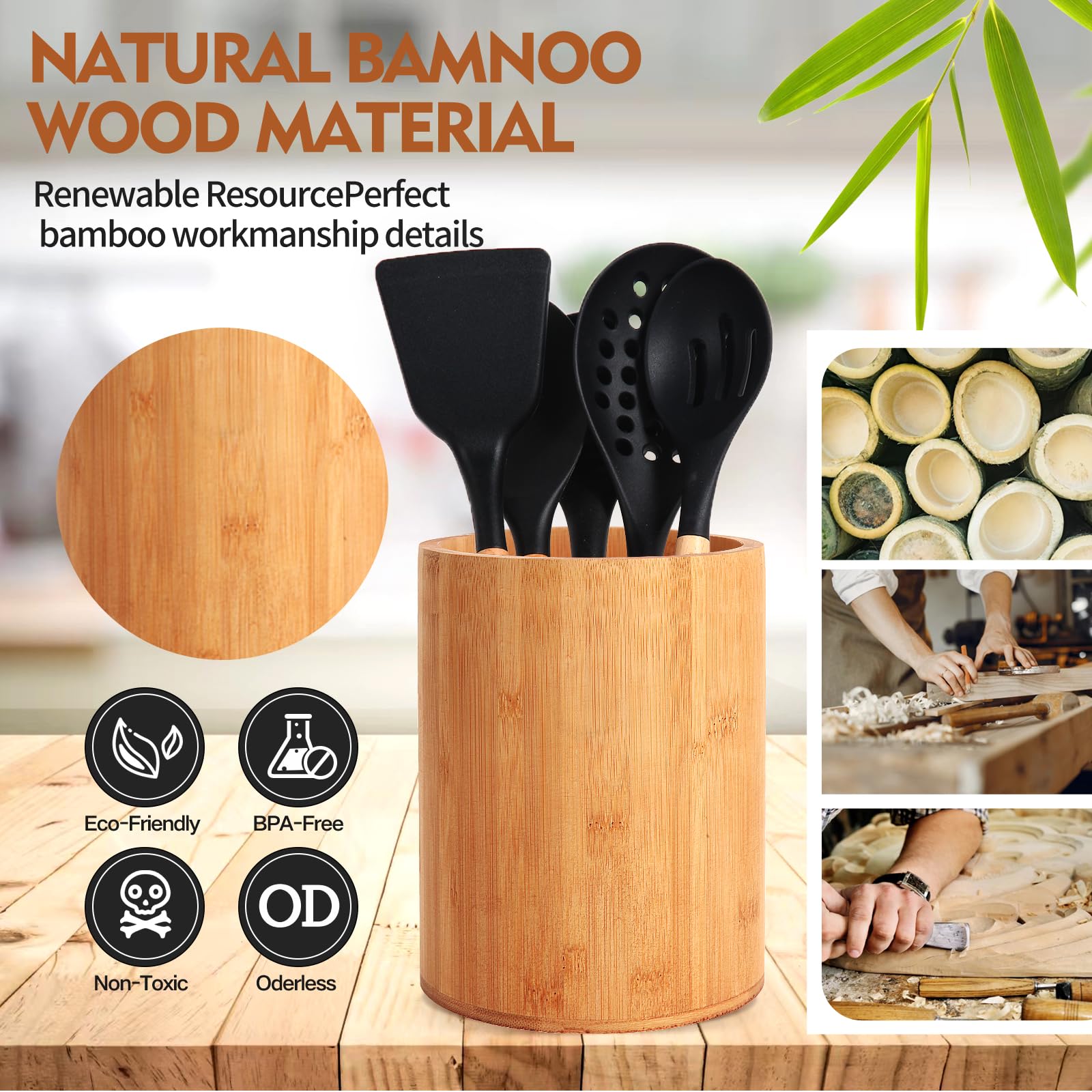 Bamboo Utensil Holder, Large Utensil Holders For Kitchen Counter, Bamboo Spoon And Chopstick Holder For Kitchen Decor, Flatware
