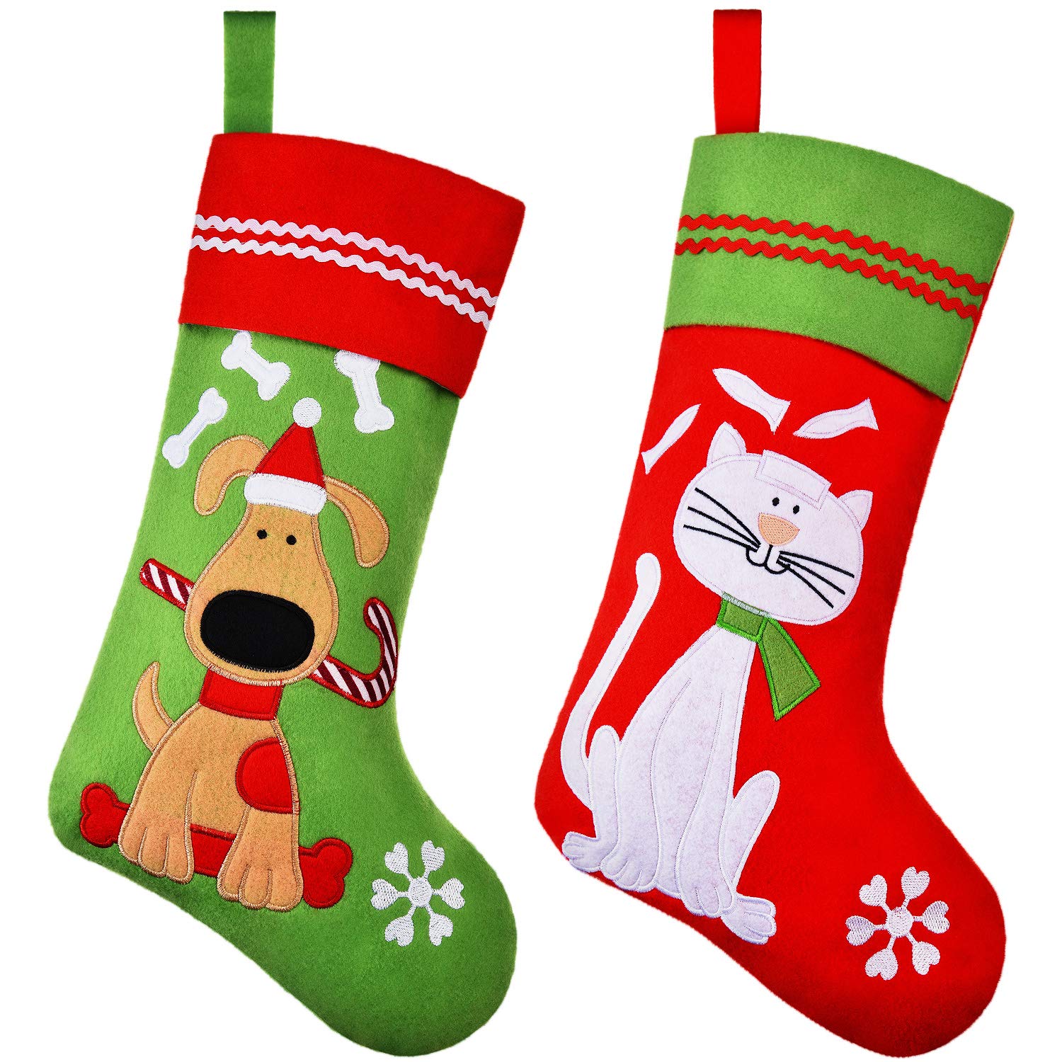 2 Pieces Pet Christmas Stockings Pet Xmas Sock Decoration with Embroidered Dog Cat Pattern Fireplace Hanging Stockings for Pet C