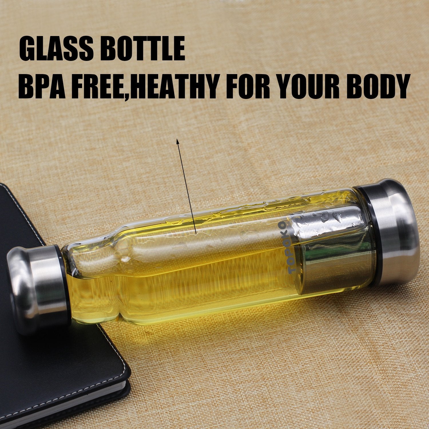 Topoko 18.5 Ounce Top Level Quality Stylish Environmental Borosilicate Glass Water Bottle With Nylon Sleeve - Tea Infuser Bottle