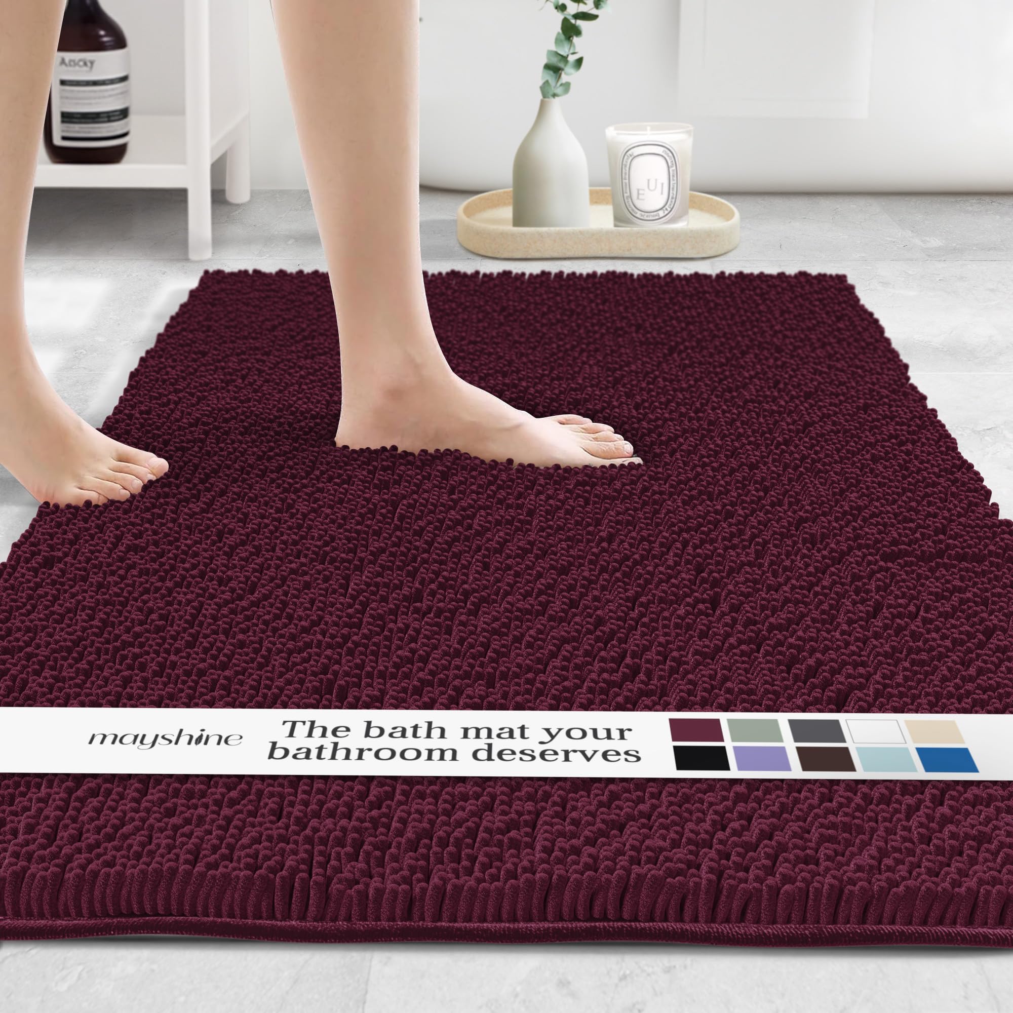 Extra Large Soft Plush Chenille Bathroom Runner Rug  Absorbent Microfiber Bath Mat  Machine Washable  Non-Slip Grip  Shag Carpet Great for Bath  Shower  Bedroom  or Door Mat (Burgundy  27.5x47)