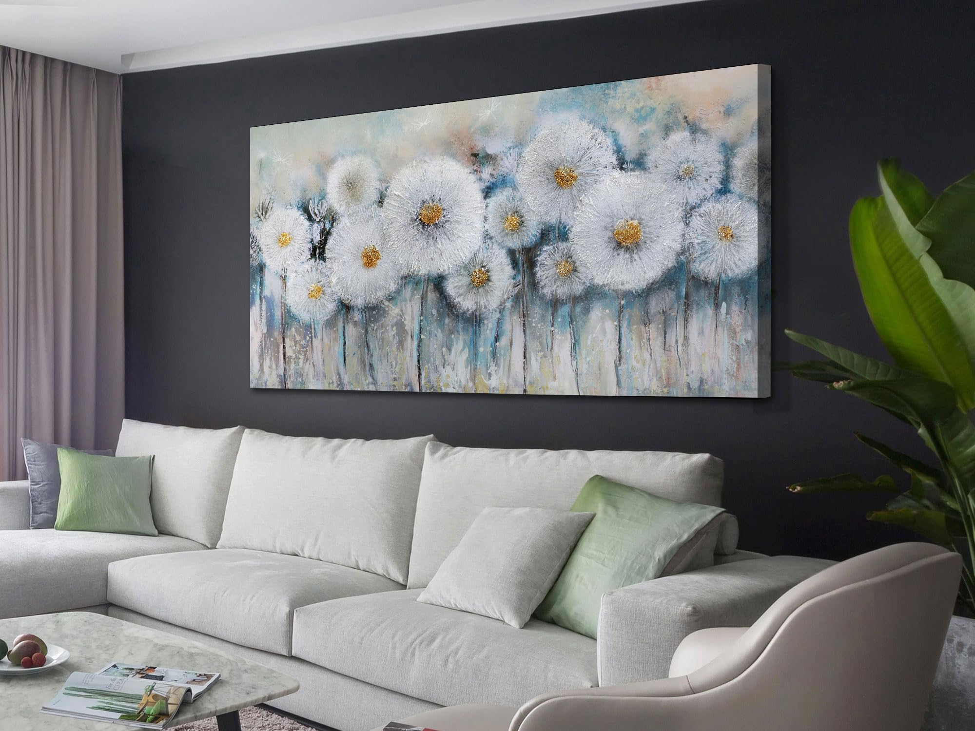Acocifi Dandelion Painting White Flowers Abstract Canvas Textured Florals Picture, Spring Farmhouse Wall Art Print Artwork Frame