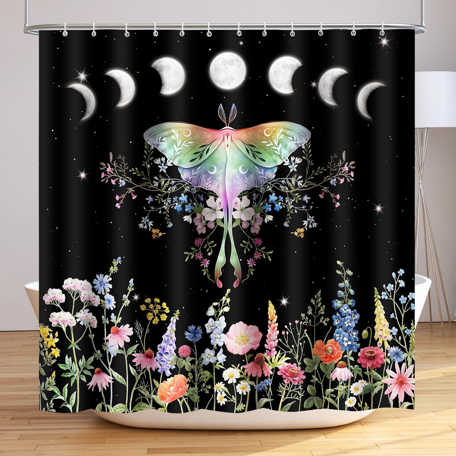 Lokigo Black Shower Curtain, Butterfly Moth Blossom Floral Shower Curtain 72Wx72H Vintage Gothic Moon Star Flowers Shower Curtai