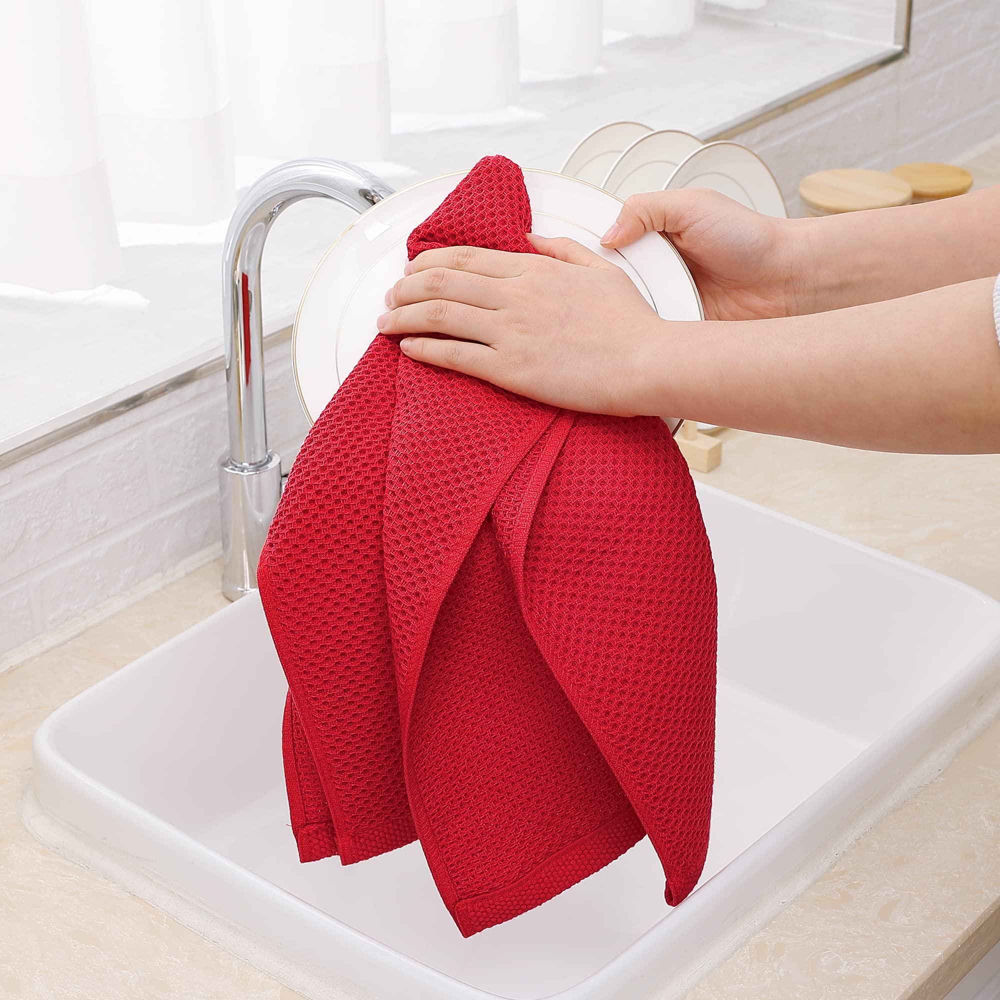 Homaxy 100% Cotton Waffle Weave Kitchen Dish Towels, Ultra Soft Absorbent Quick Drying Cleaning Towel, 13 X 28 Inches, 4-Pack, R