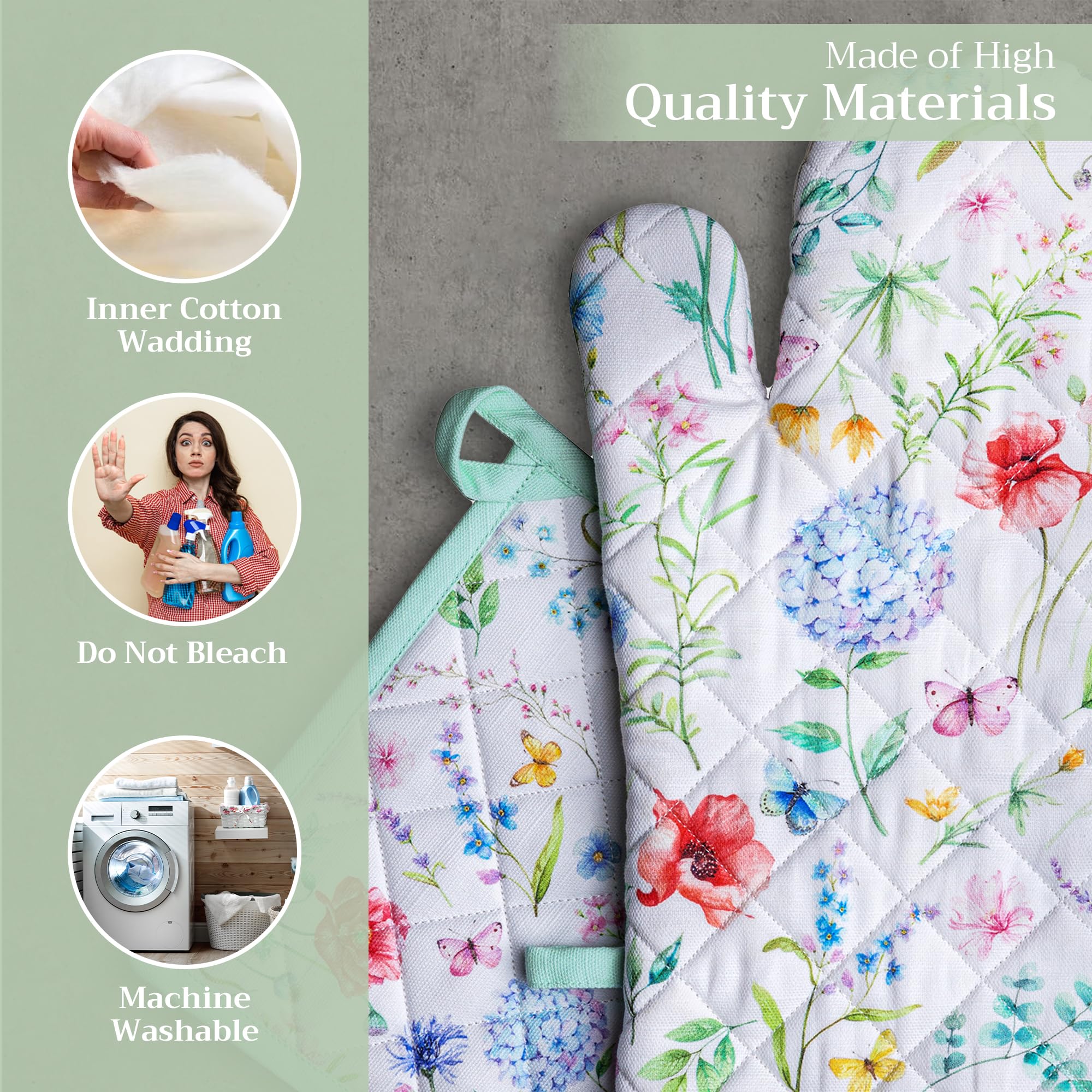 Maison d' Hermine Oven Mitt + Pot Holder 100% Cotton Heat Resistant Kitchen Oven Mitt (7.5''x13'') & Pot Holder (8''x8'') for Gifts  Chef  Cooking  BBQ Baking  Just Floral - Spring/Summer