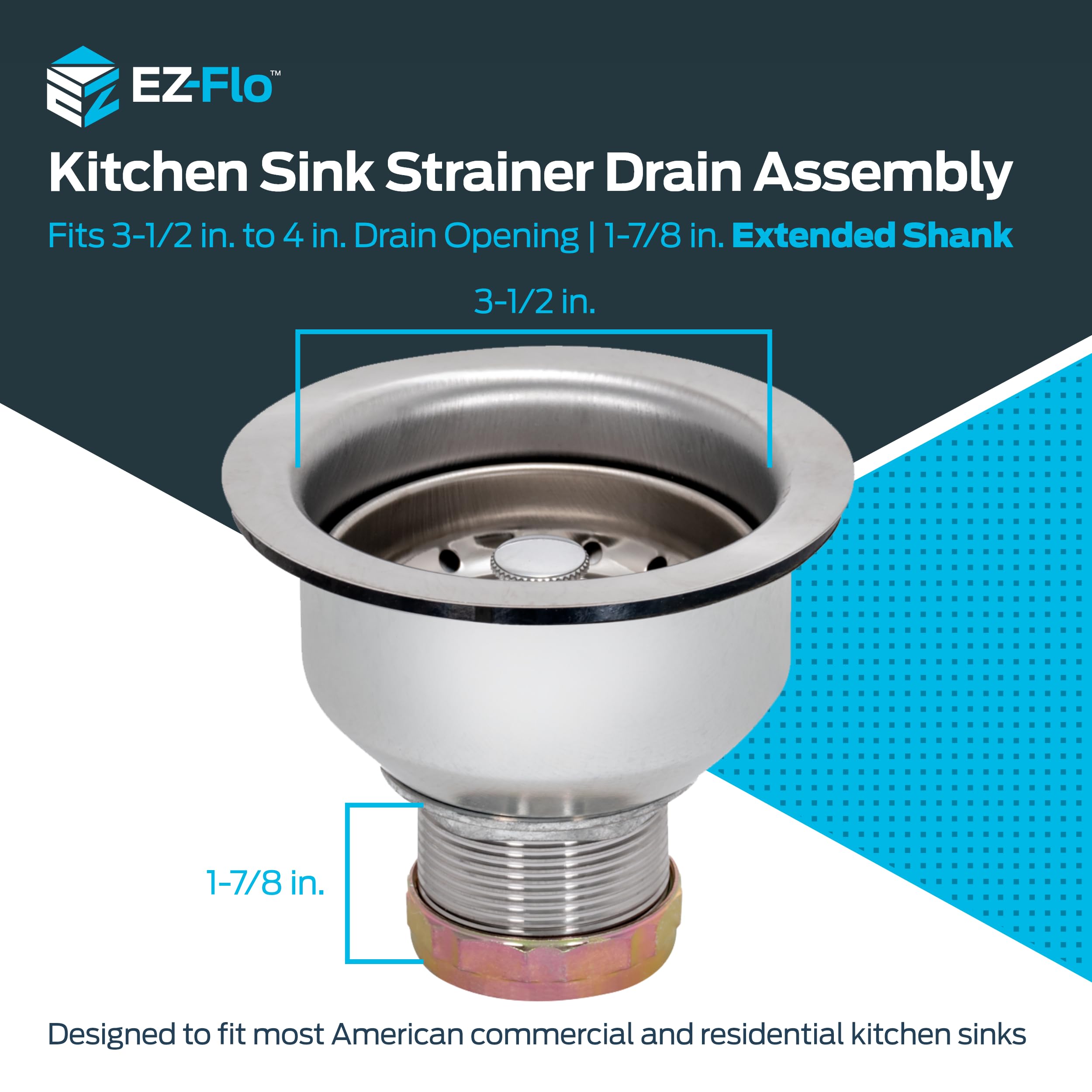 Ez-Flo Double Cup Kitchen Sink Drain Assembly, Sink Strainer Fits 3-1/2 Inch To 4 Inch Opening, 1-7/8 Inch Extended Shank, Stain