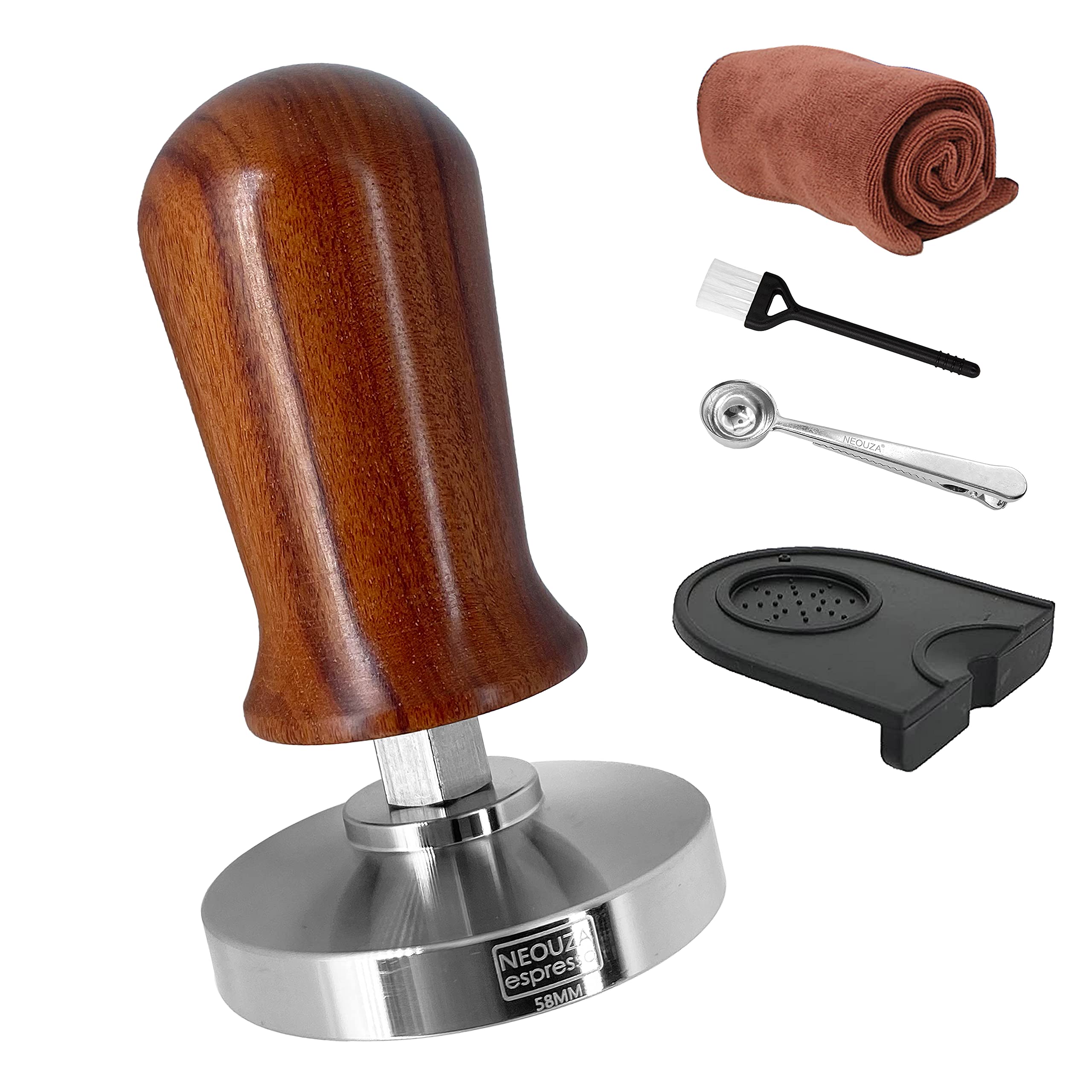 Neouza 58Mm Calibrated Espresso Tamper,Coffee Tamper With Wooden Handle And Spring Loaded Flat,Stainless Steel Base