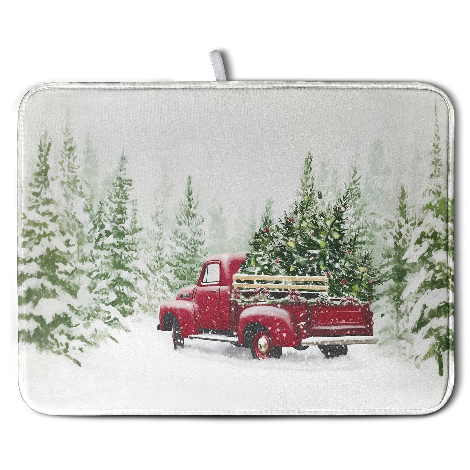 Wnoesat Christmas Dish Drying Mat Red Truck Xmas Tree Drying Mats for Kitchen Counter Winter Holiday Dishes Drainer Mats Absorbe