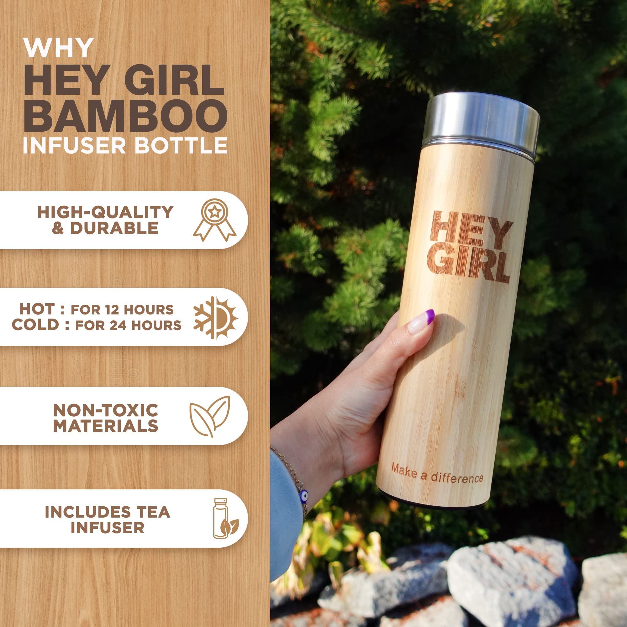 Hey Girl Bamboo Tea Infuser Bottle With Tea Strainer - Insulated Stainless Steel Water Bottle For Loose Leaf Tea & Coffee - Tea
