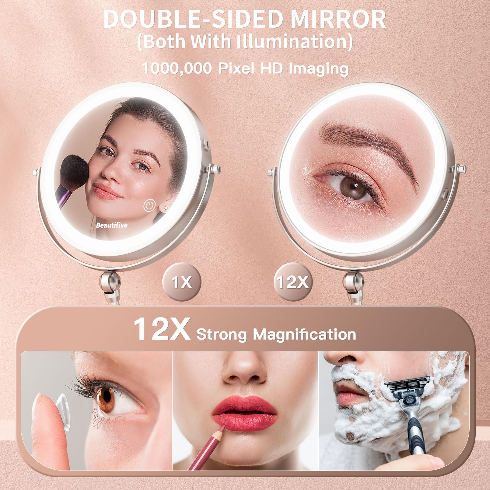 Beautifive 10'' Makeup Mirror With Light, 12X/1X Lighted Magnifying Mirror, Angle Adjustable & 3 Color Dimmable, 360Rotatable Re