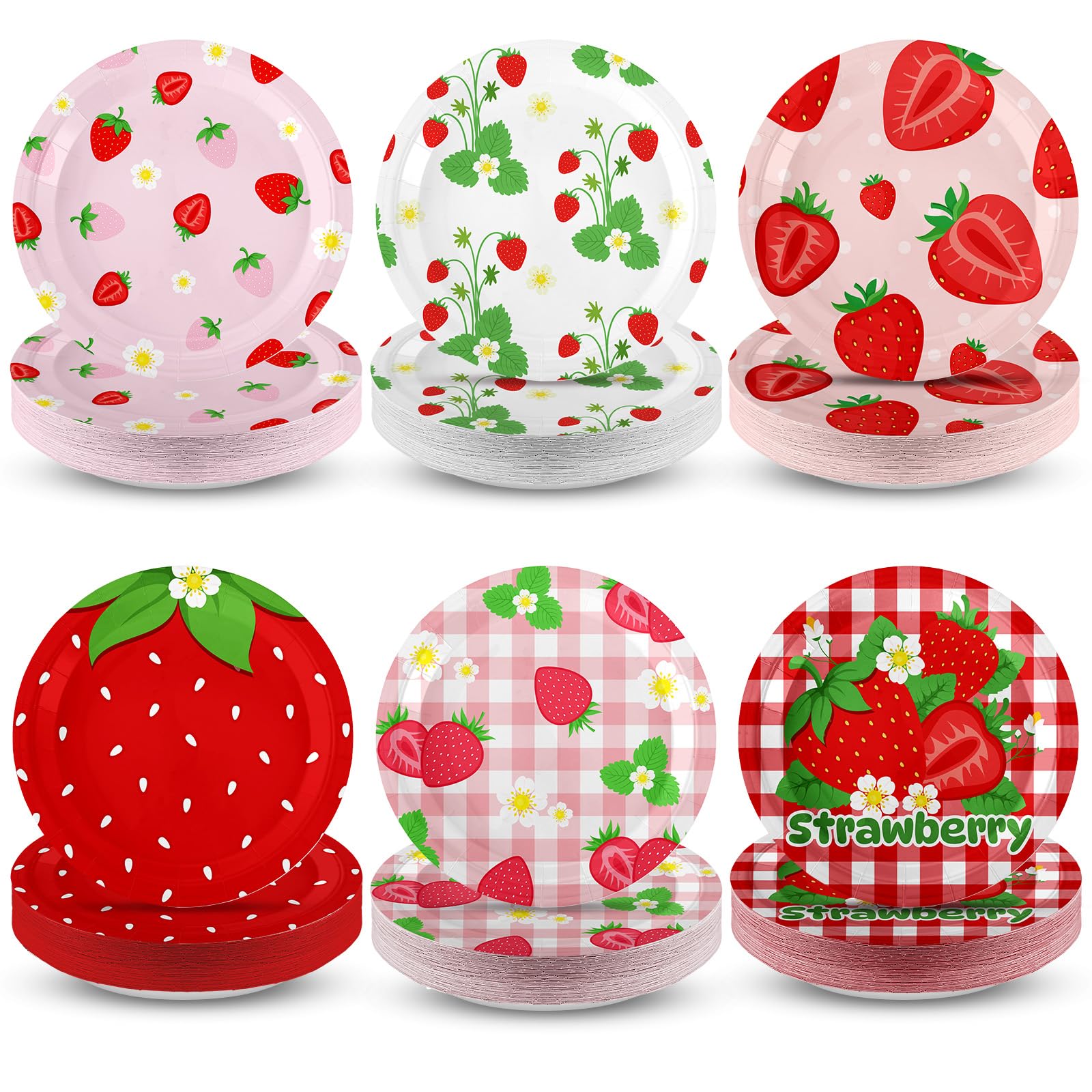 Moinchore 60 Pcs Strawberry Paper Plates 7 Inches Fruit Disposable Dinner Round Plates for Strawberry Theme Birthday Party Summe