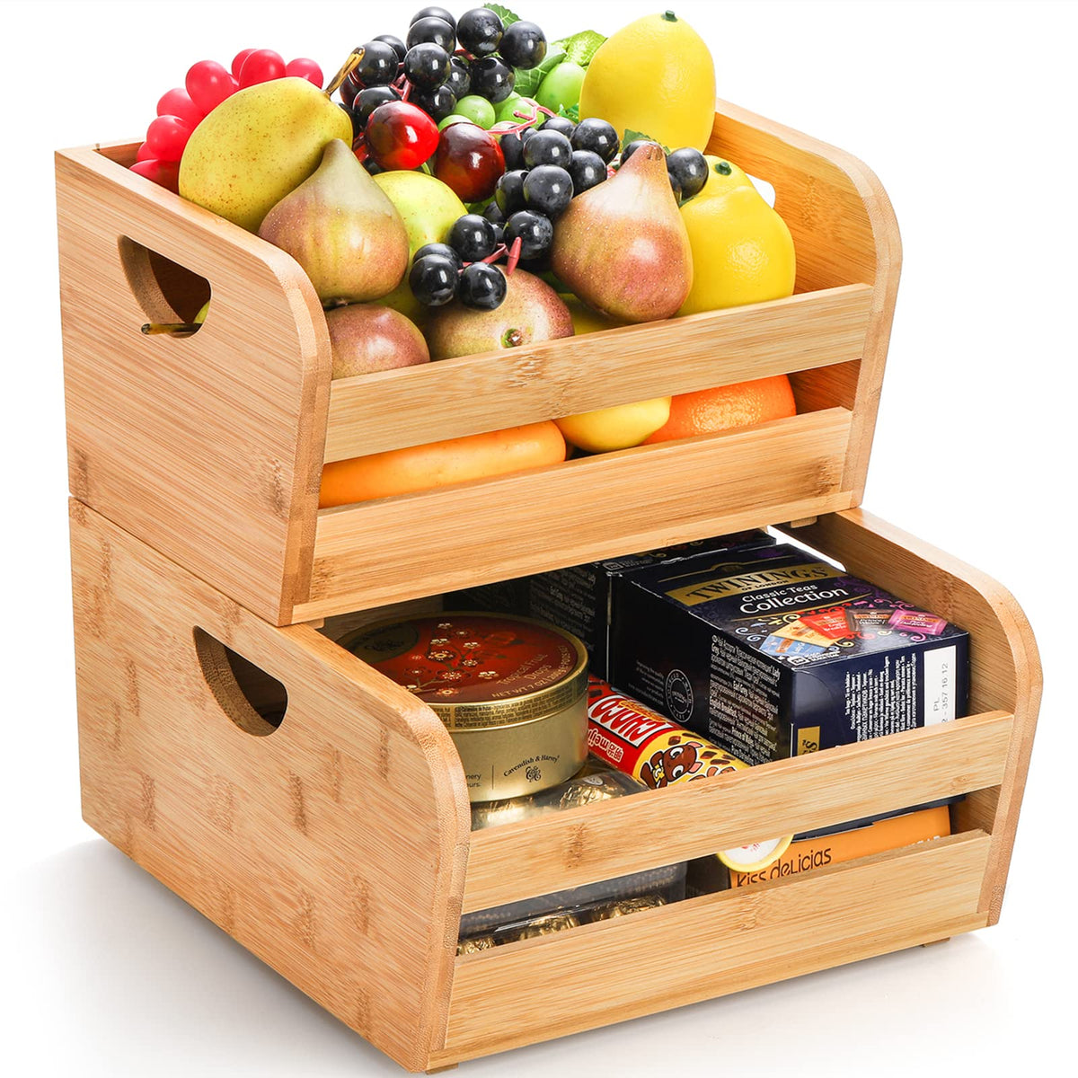 Deayou 2 Pack Bamboo Stackable Storage Bins, Bamboo Open Front Stacking Bins, Use As 2 Tier Bamboo Fruit Basket, Natural Food Or