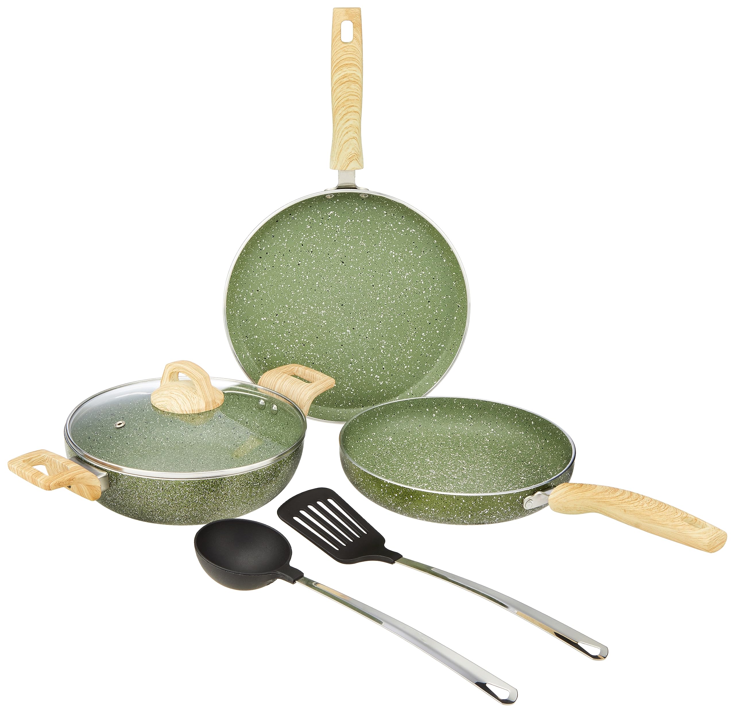 Amazon Basics Granite Finish Non Stick 5 Pcs Induction Base Cookware Set- Granite Finish Olive Green (24Cm Fry Pan, 24 Cm Kadai,