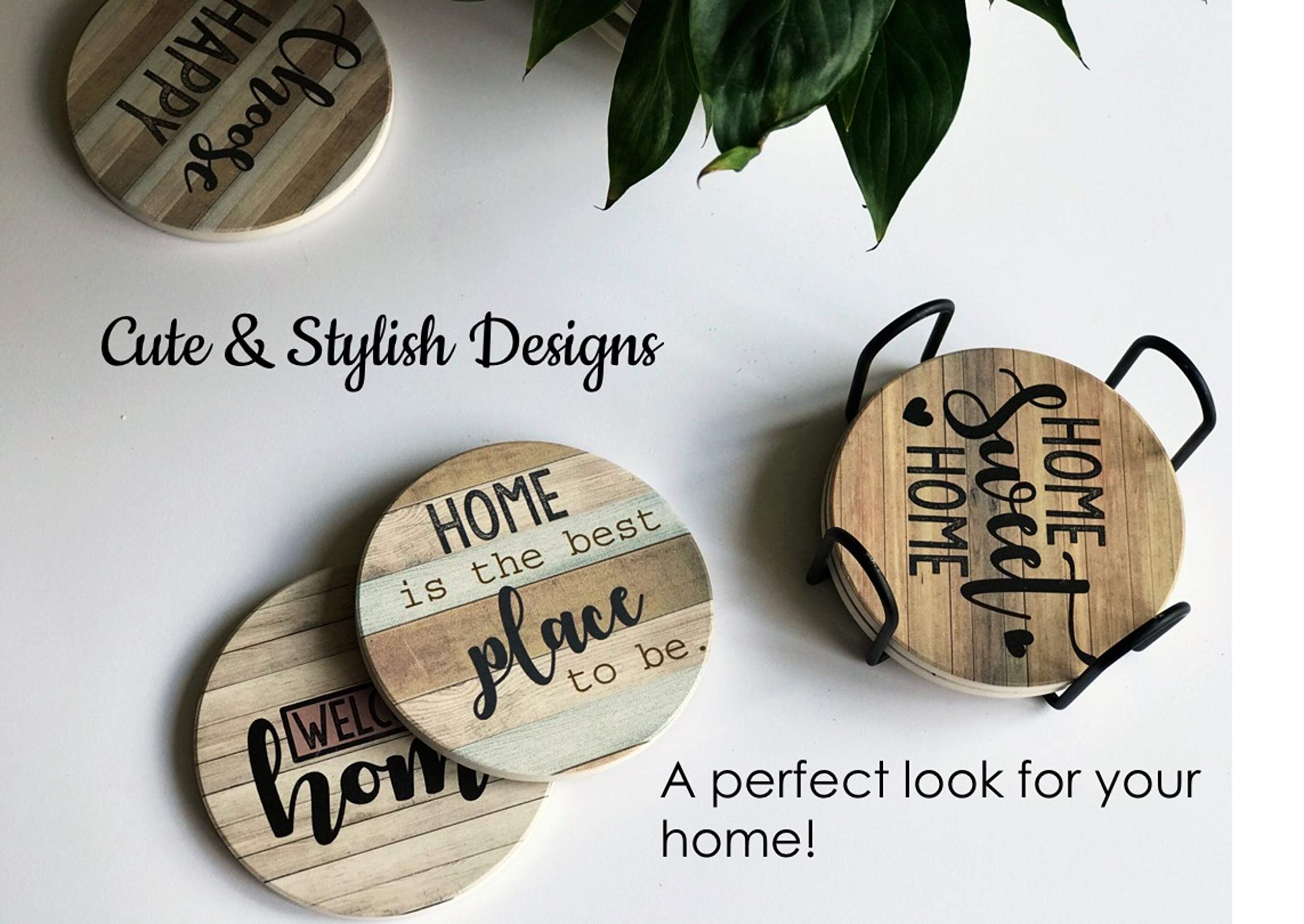 Panchh Rustic Farmhouse Stone & Cork Coasters For Drinks, Absorbent - Set Of 6 Coasters With Holder - Best Housewarming Gifts Fo