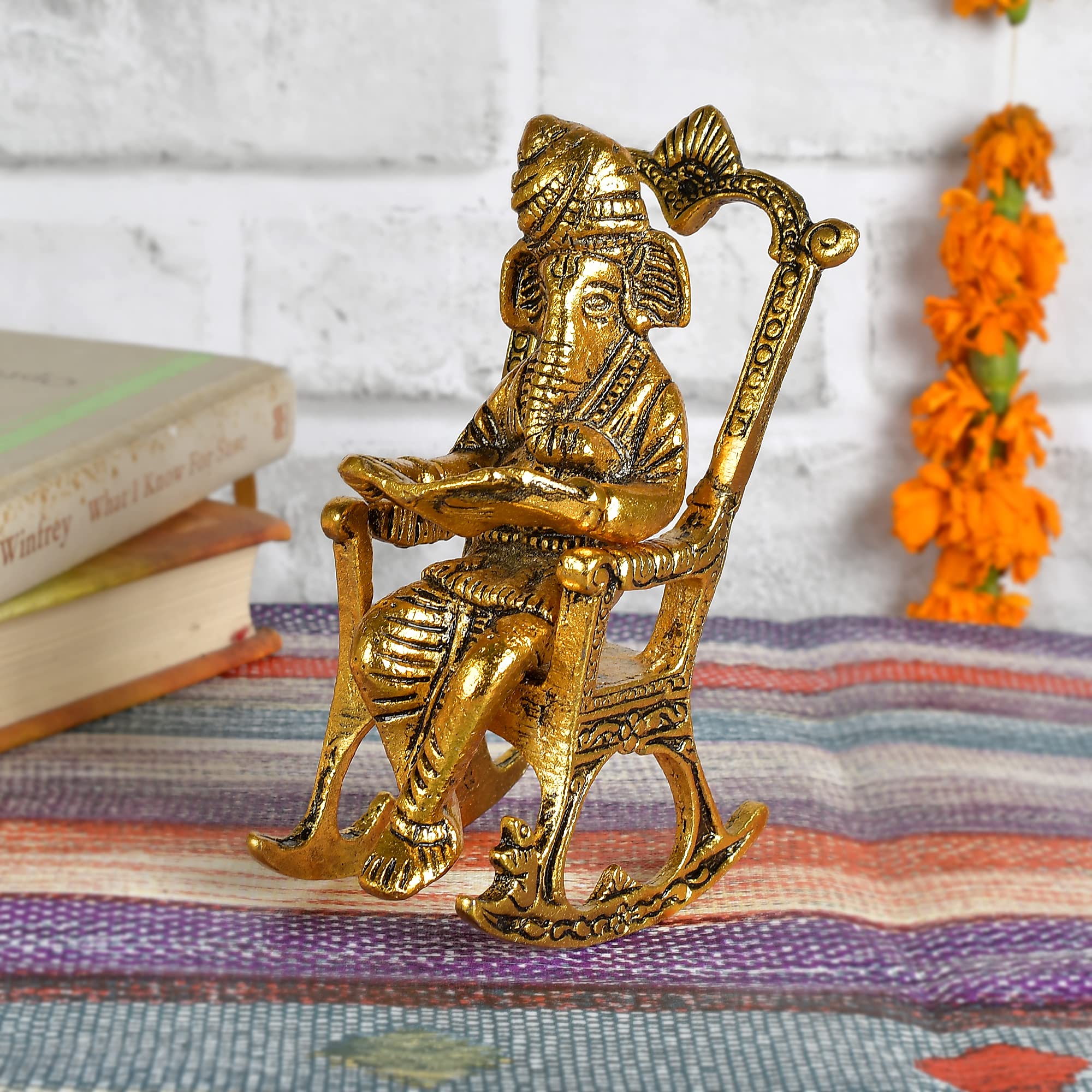 Great Art Metal Lord Ganesha Reading Ramayana Statue Hindu God Ganesh Ganpati Sitting On Chair Idol Sculpture Home Office Gifts 
