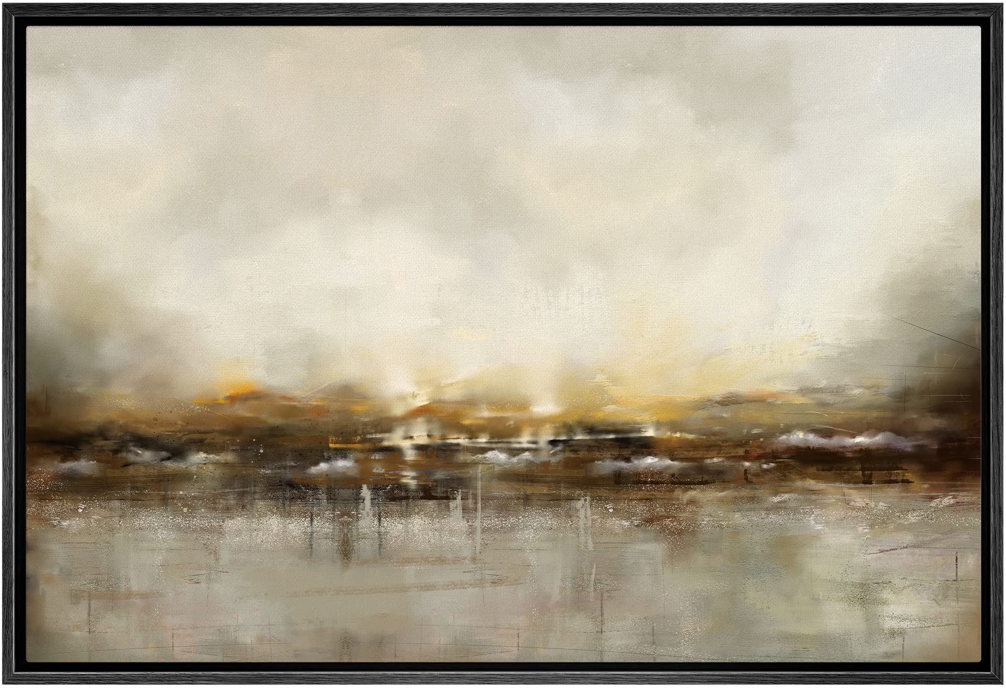 Signwin Framed Canvas Wall Art Dramatic Golden Landscape By The Sea On A Cloudy Day Coastal Ocean Oil Painting Abstract Modern C