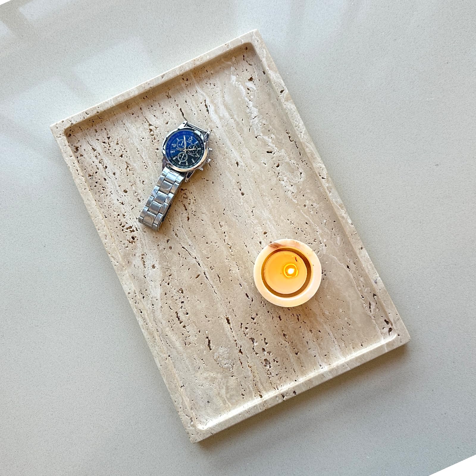 Ghyfgd Real Natural Travertine Tray Genuine Marble Stone Storage Tray For Dresser/Vanity/Bathroom (Beige Travertine, 12'' X 8'')