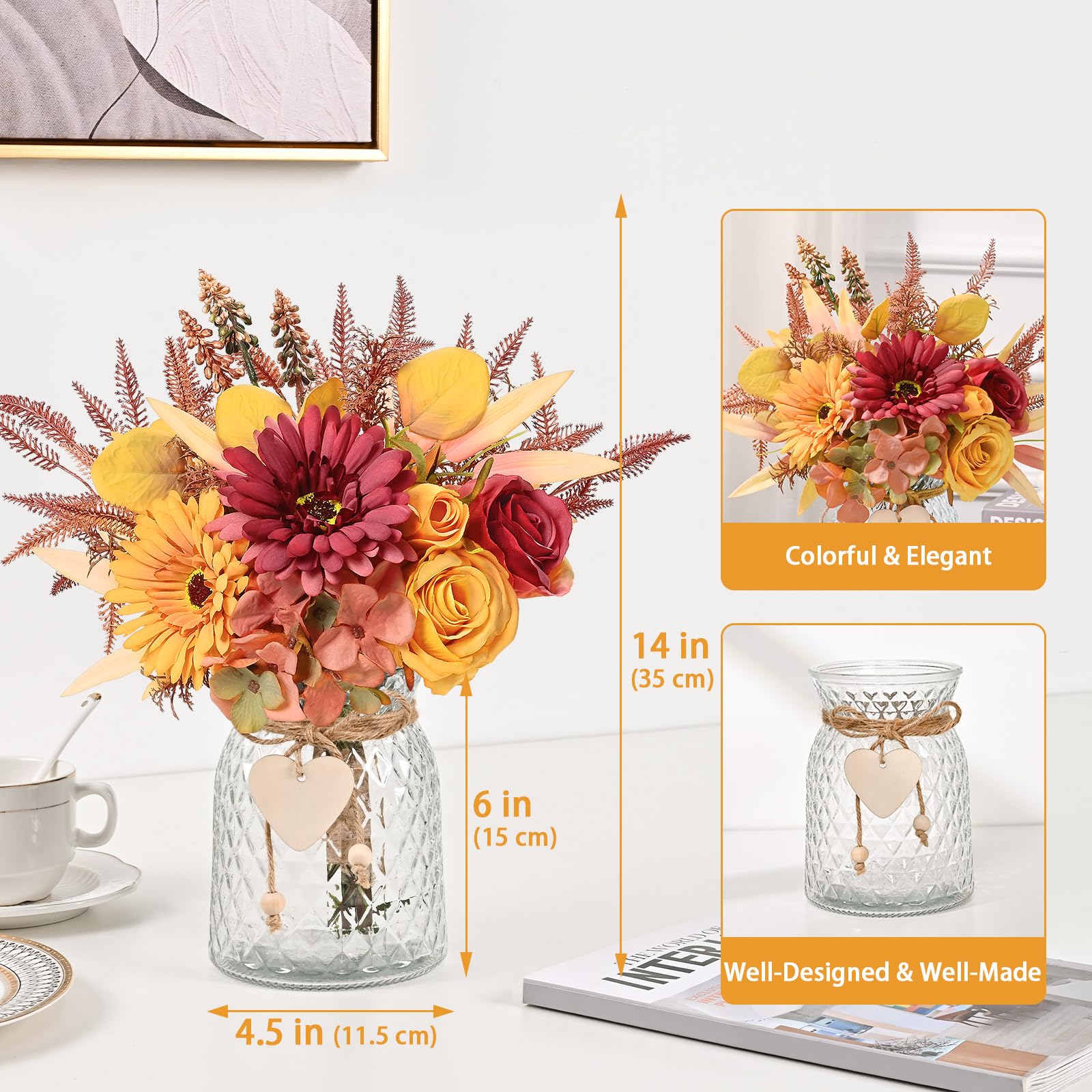 MARTINE MALL Artificial Dahlia Flowers with Vase, Silk Fall Flowers in Vase - Fall Decor for Home Centerpieces, Thanksgiving Par