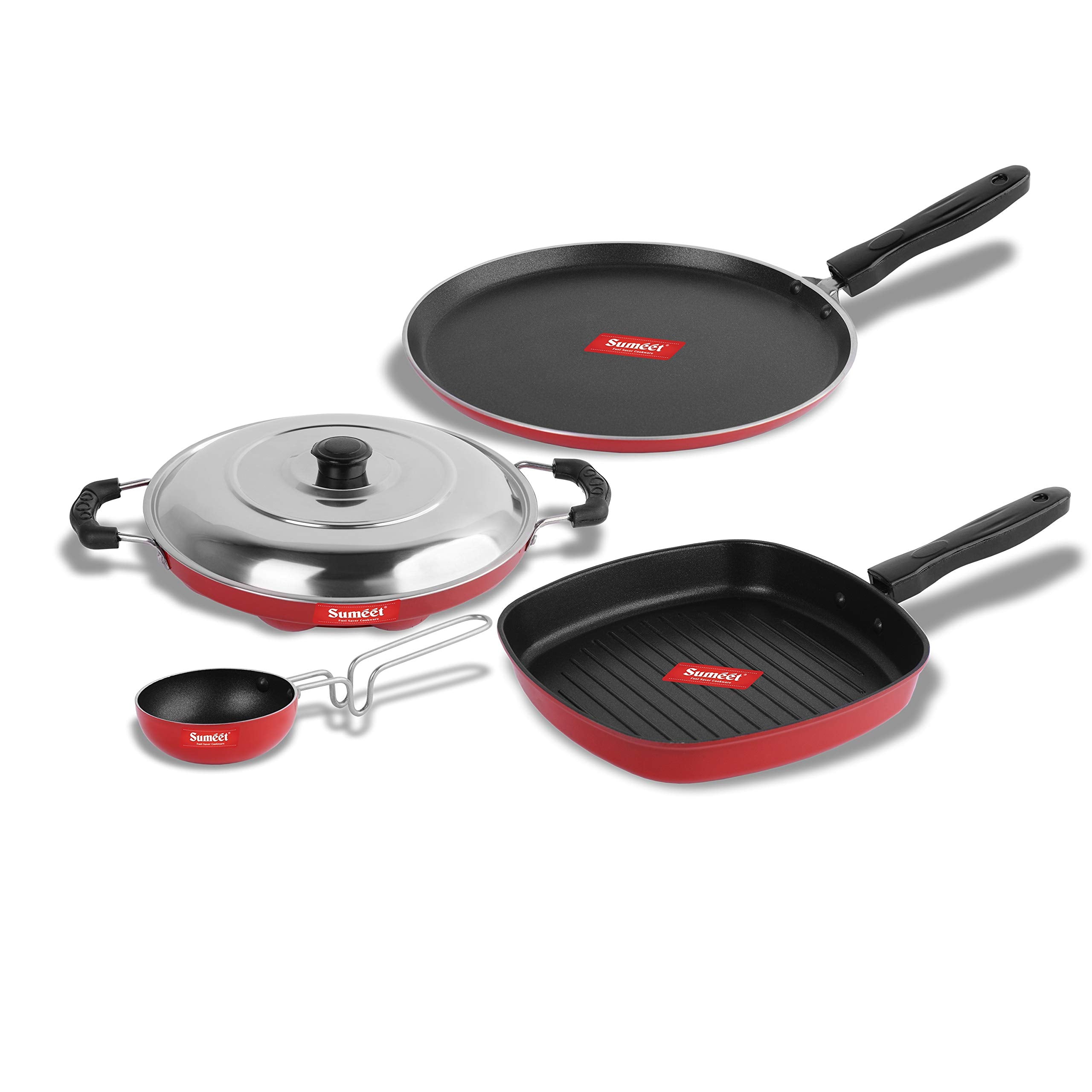 Sumeet 2.6Mm Thick NonStick Marpo Cookware Set (Dosa Tawa  26.5Cm Dia + Grill Appam Patra With Lid  23Cm Dia + Grill Appam Pa
