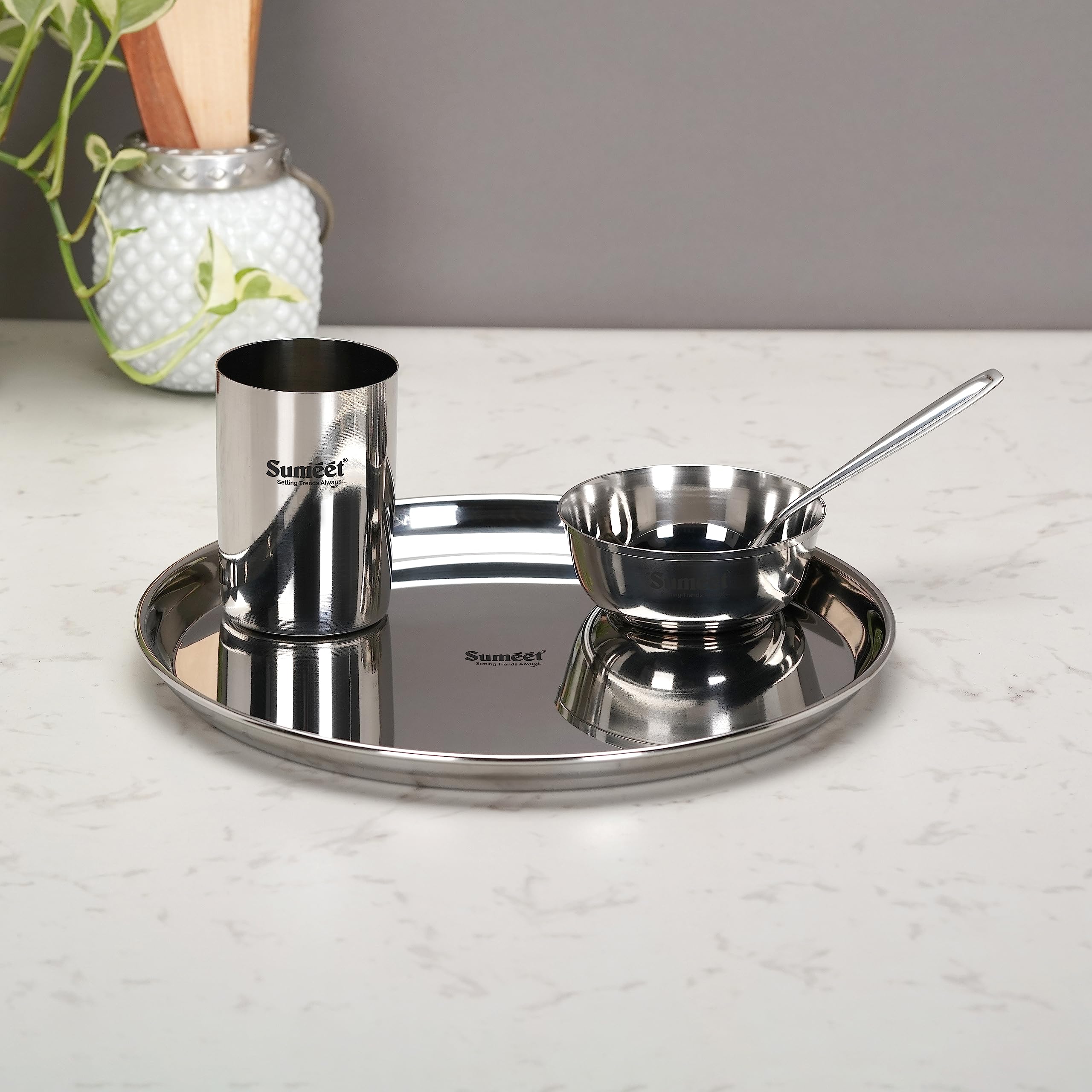 Sumeet Stainless Steel Heavy Gauge Mirror Finish Dinner Set Of 4 Pcs (1 Plate  1 Bowl Wati  1 Glass  1 Spoon)  Silver