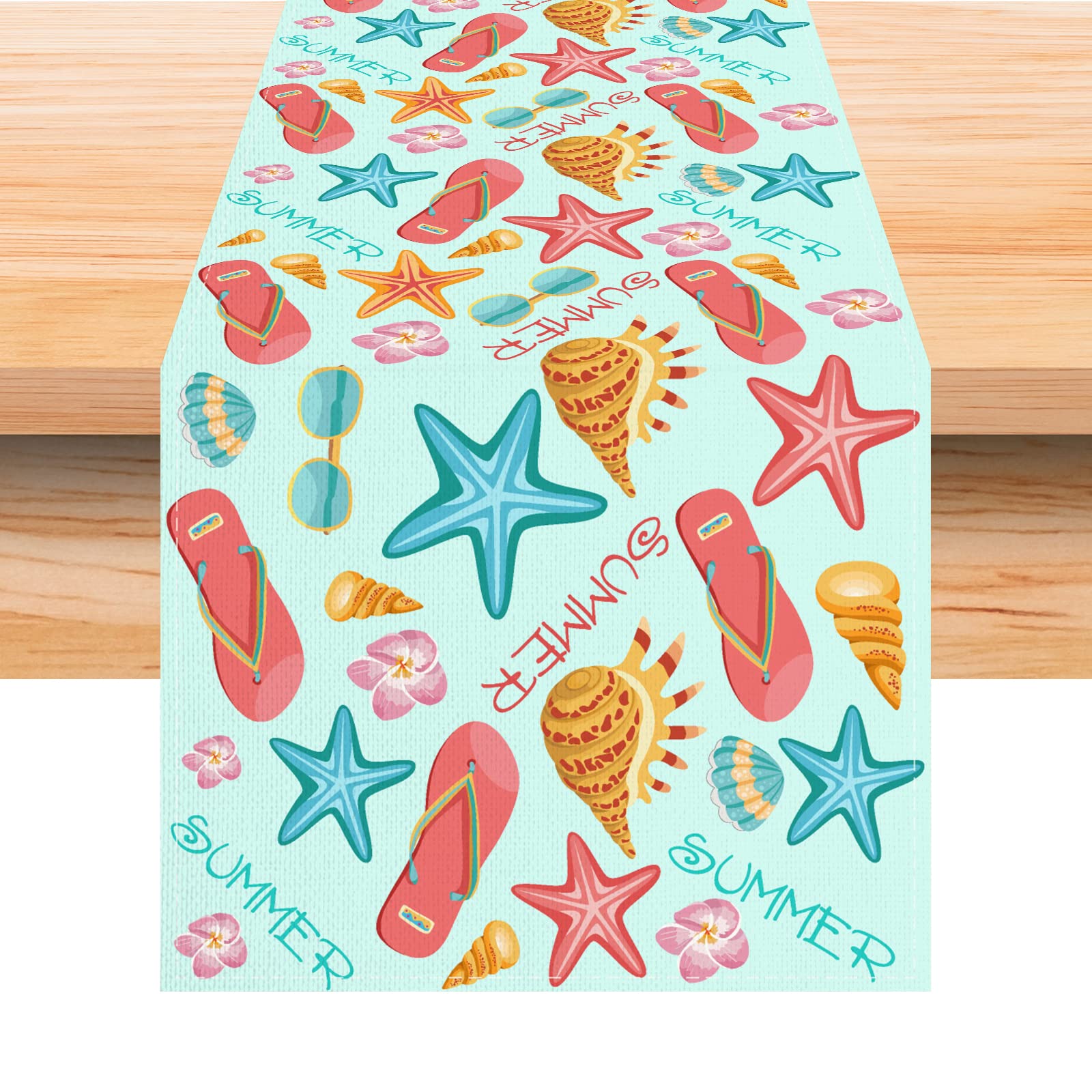 Jiudungs Linen Watercolor Beach Starfish Shell Seahorse Slipper Floral Table Runner 72 Inches Long Summer Coastal Nautical Hawai