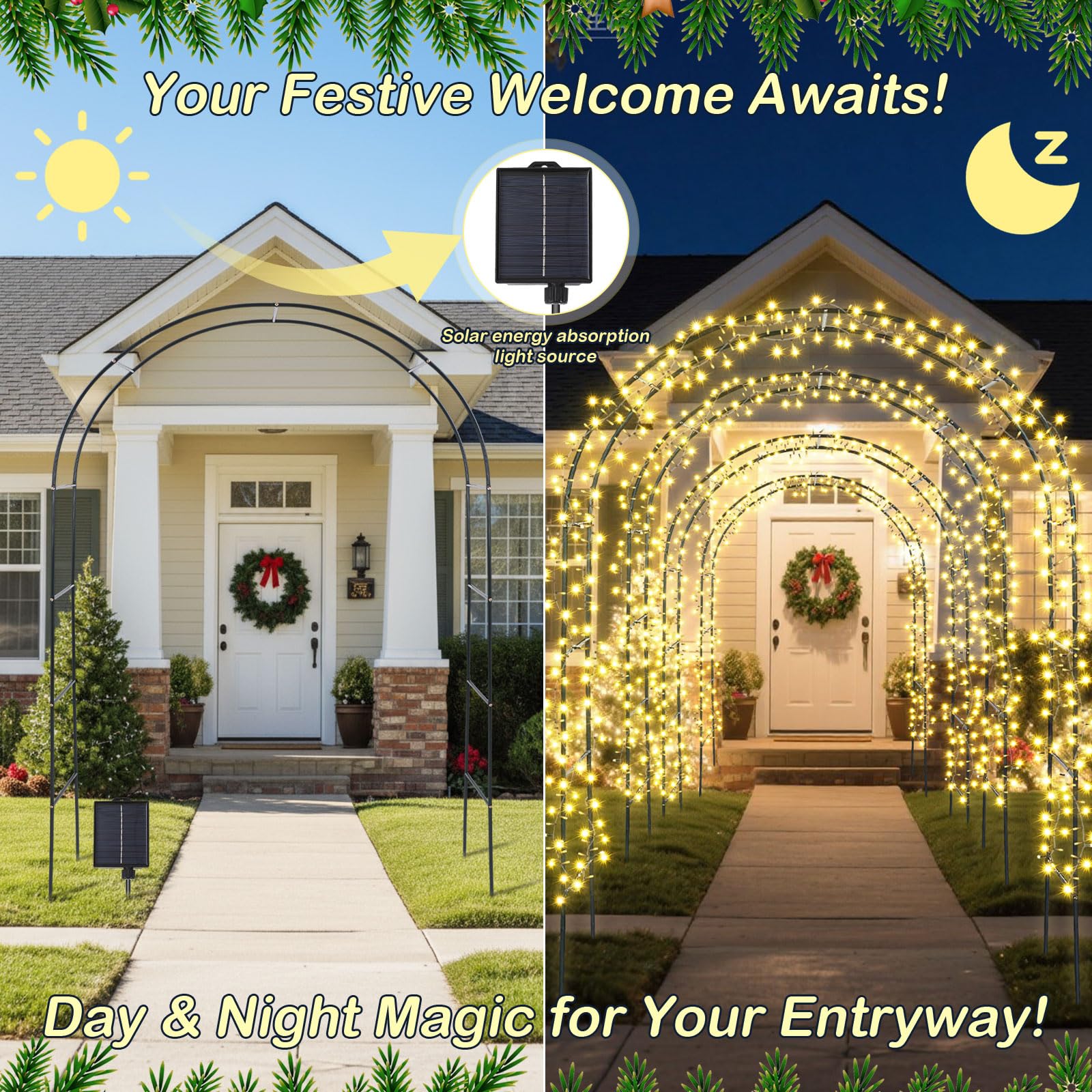 Seeloowy 3 Pack 8ft Solar Christmas Light Archway Outdoor with 8 Mode LED Light, Metal Arch Outdoor Decoration, Easy Assembly Re