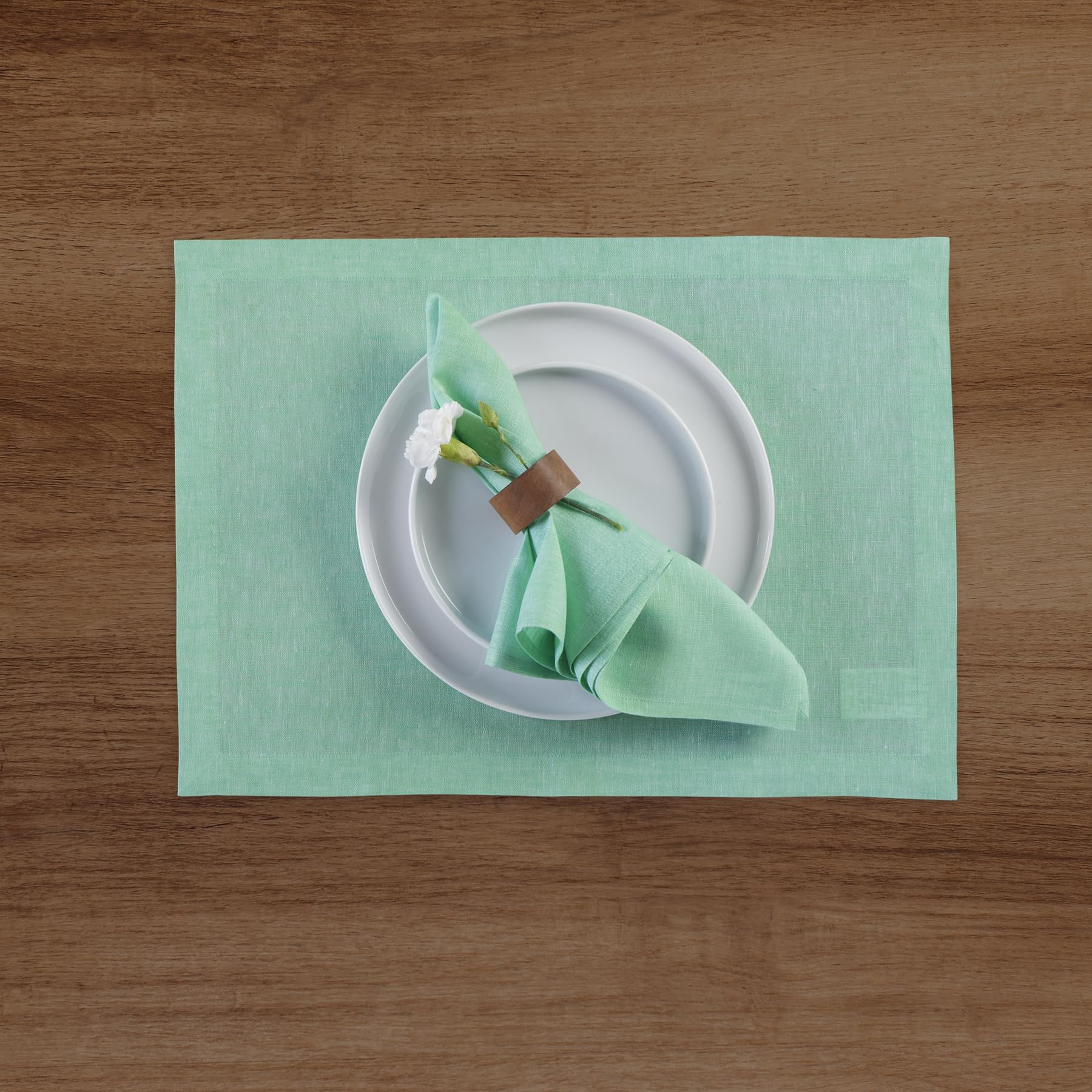 Solino Home Linen Placemats 19'' L X 14'' W Inch - 100% Pure Linen Chambray Aqua Cloth Placemats Set Of 4 - Athena, Washable Fab