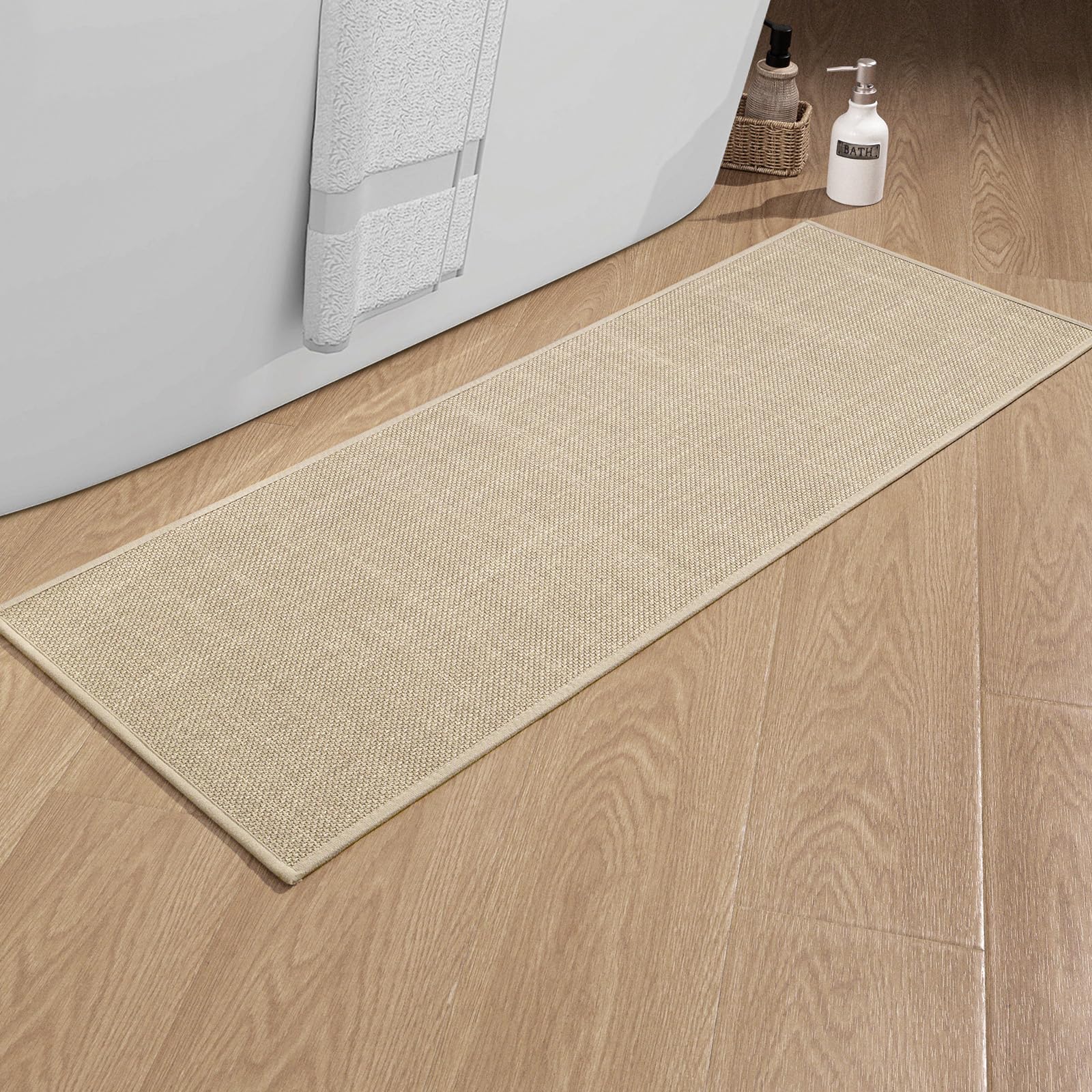 Chakme Bathroom Rugs Mat 47X17, Ultra Thin Non Slip Bath Mat Runner Quick Dry Absorbent Bath Mat For Bathroom Floor, (Light Beig
