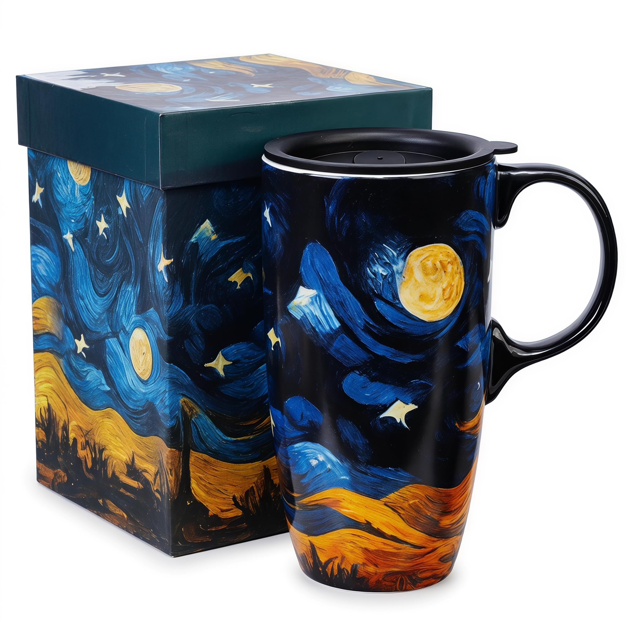 Topadorn 17oz Ceramic Travel Mug with Lid, Starry Night Inspired Coffee Mug