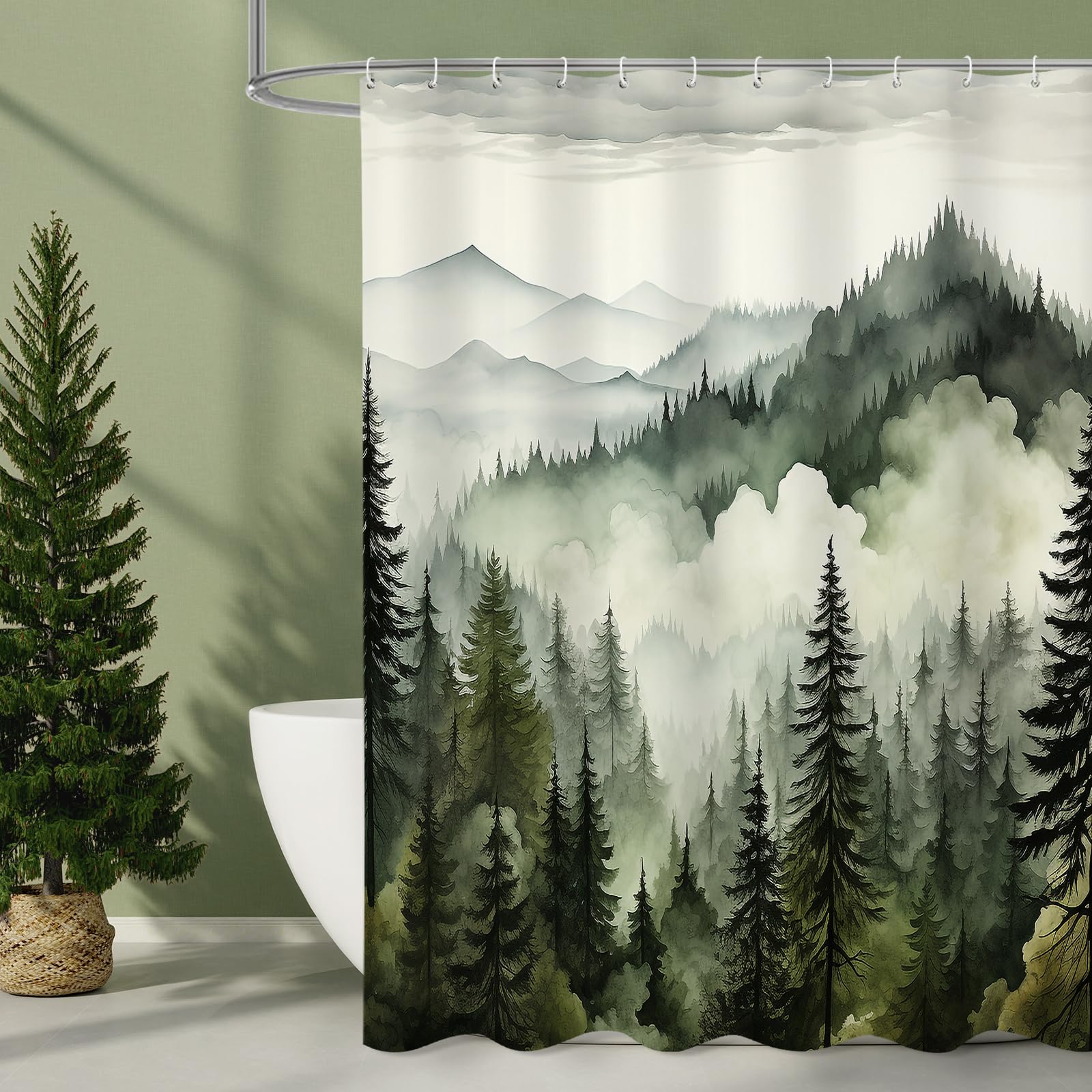 Litabel Brown Small Stall Misty Pine Forest Shower Curtain 36 X 72, Tan Mountain Foggy Woodland Scenery Tree Narrow Half Size Sh