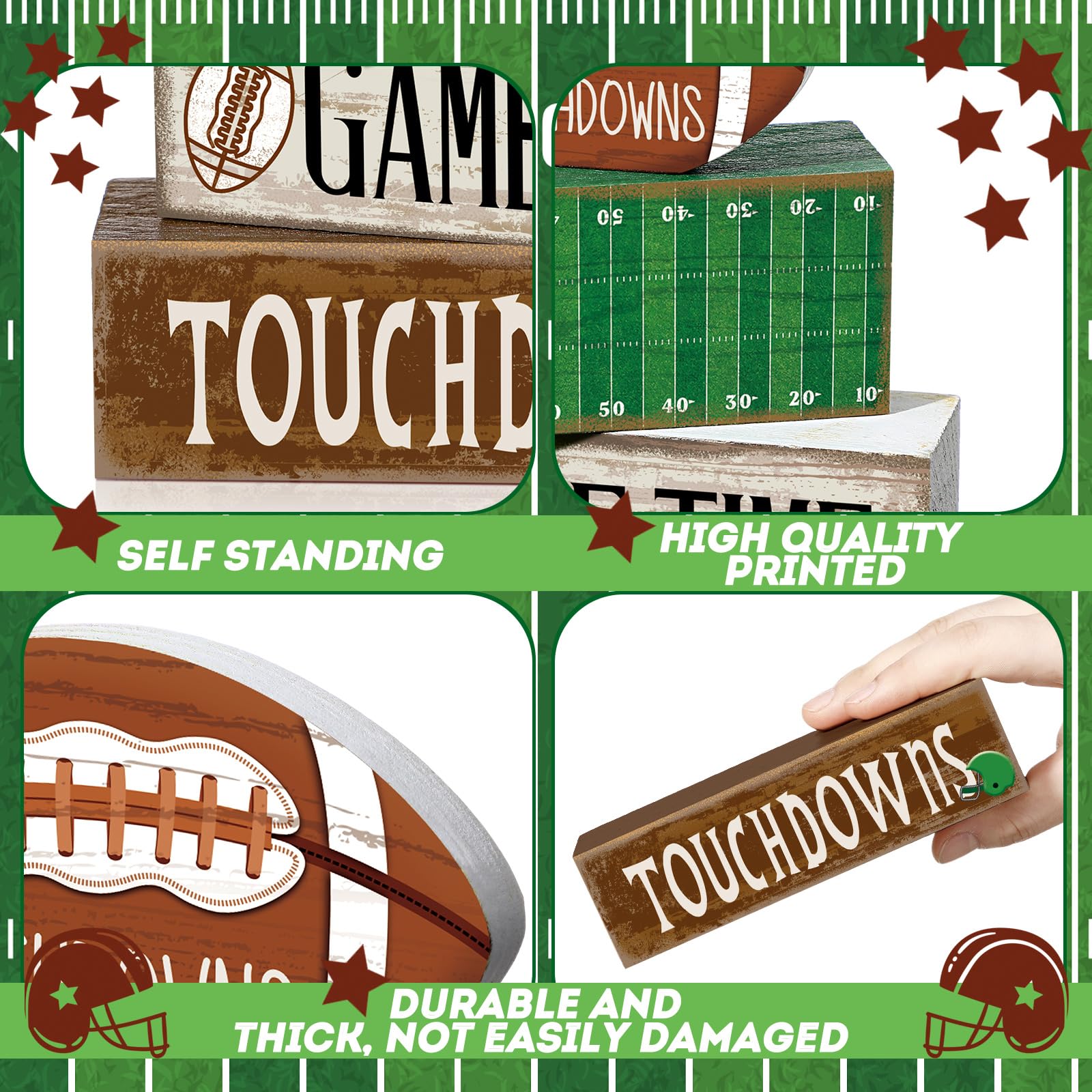 Yuntau 4 Pcs Football Table Decorations Fall Football Tiered Tray Decor Football Wooden Sign Football Centerpiece Decorative Fau